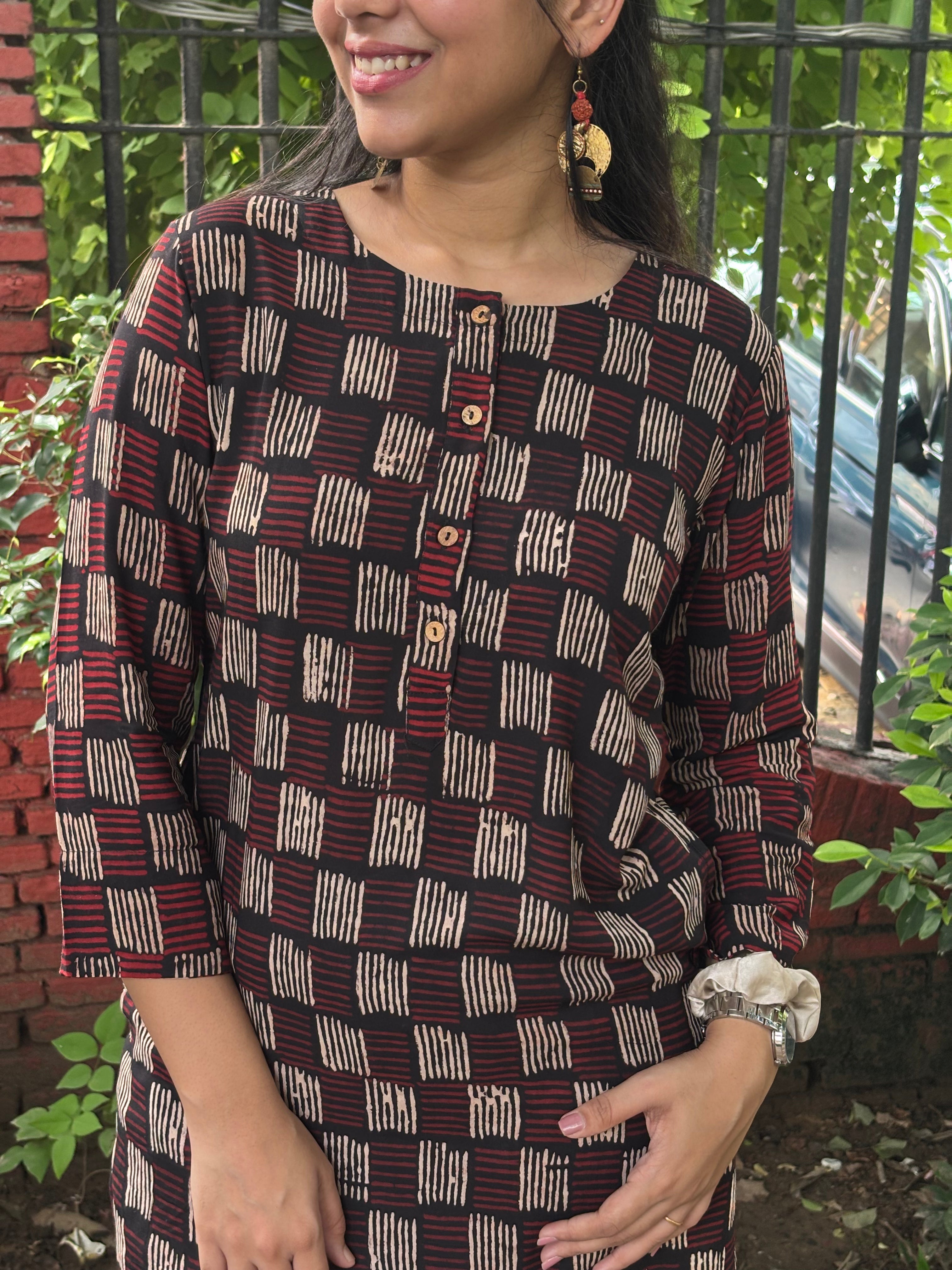 Zivah Ajrakh Hand Block Printed Cotton Modal Short Kurti