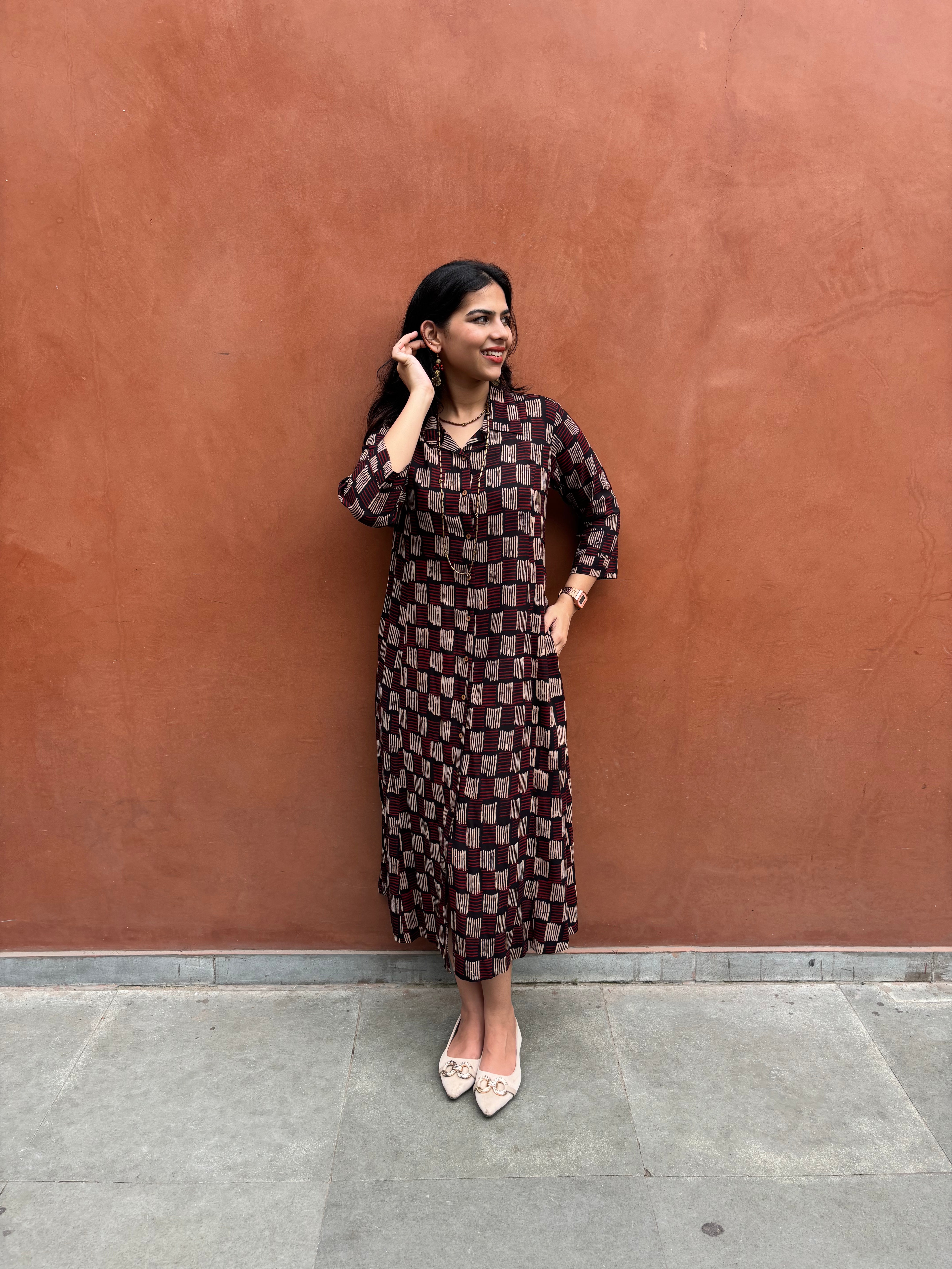 Zivah Ajrakh Hand Block Print Cotton Modal Collar A-Line Dress