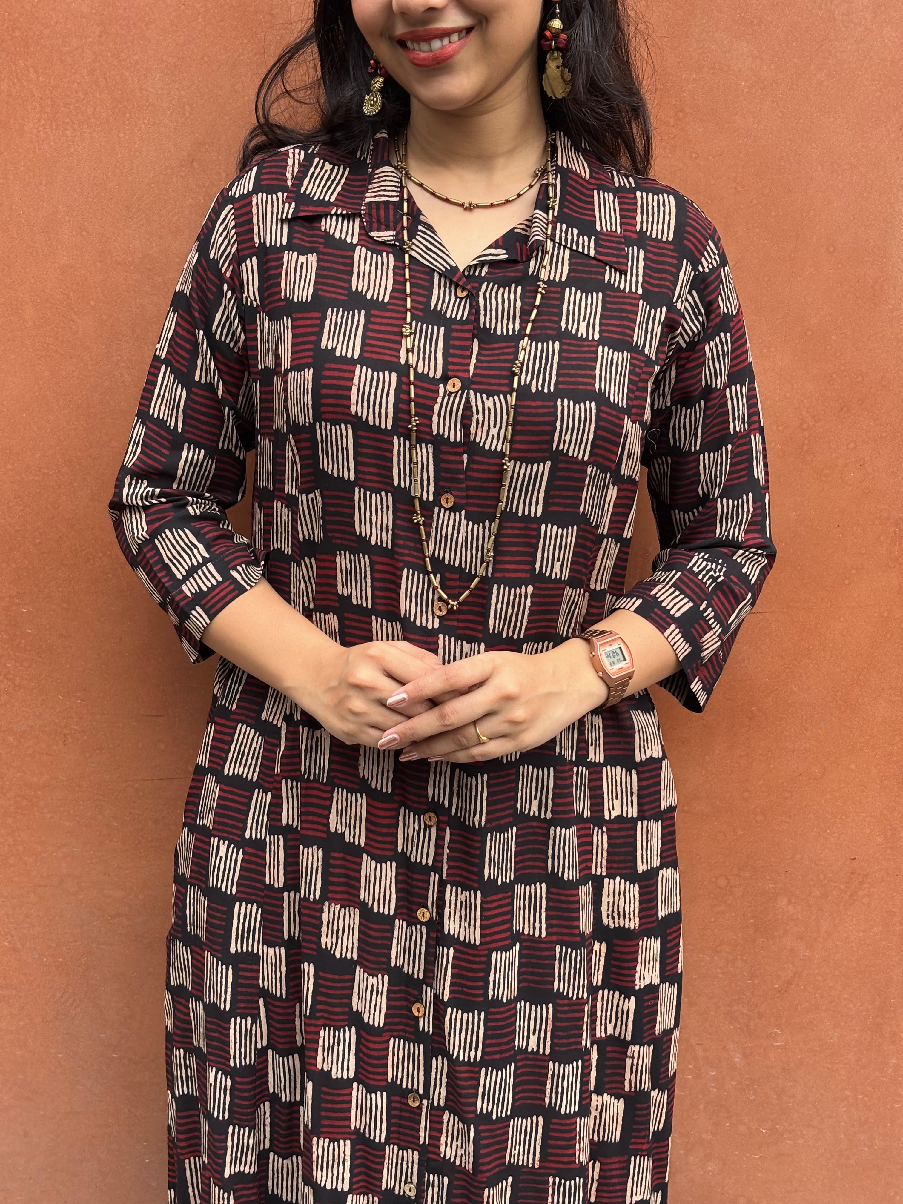 Zivah Ajrakh Hand Block Print Cotton Modal Collar A-Line Dress