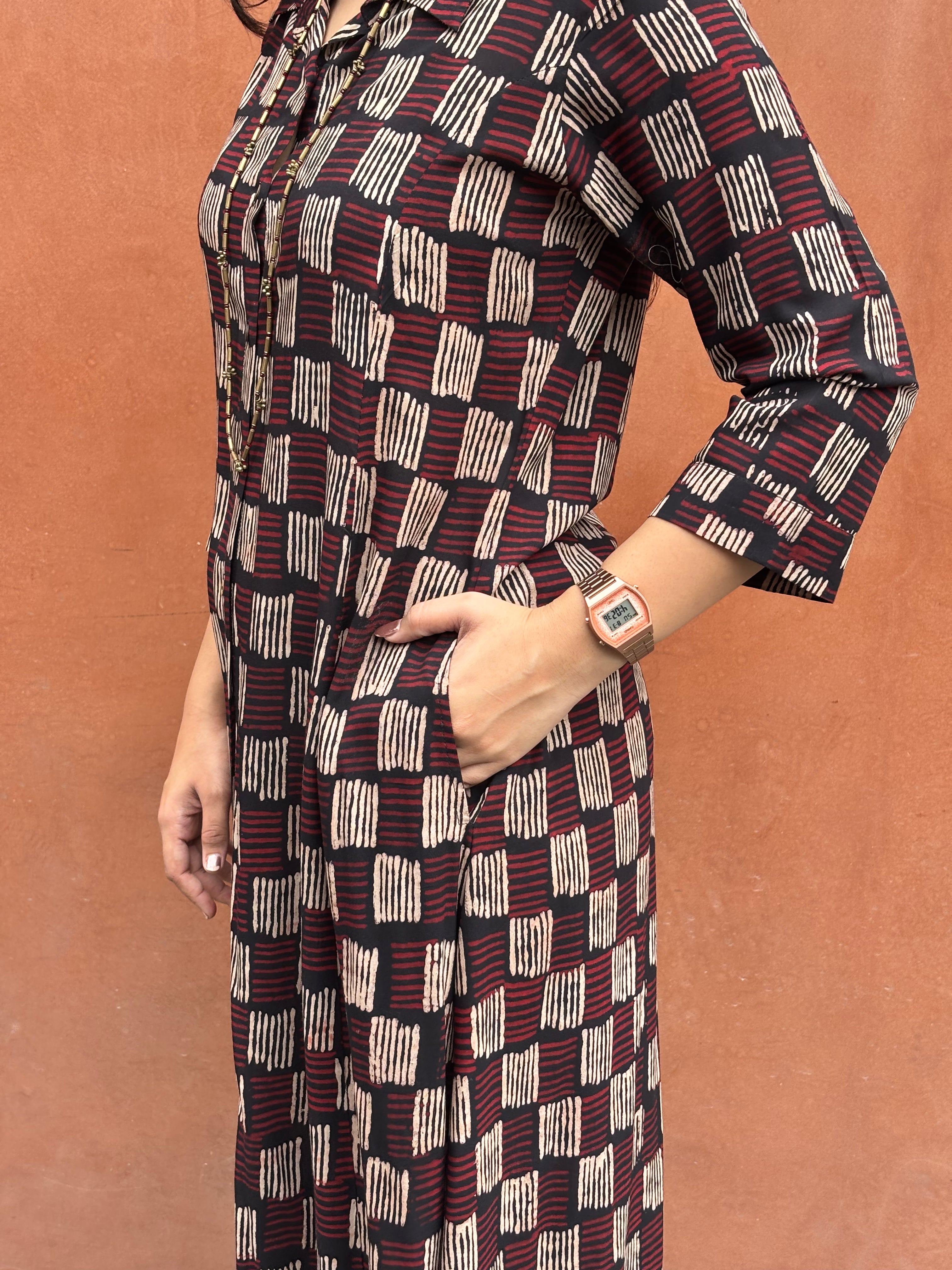 Zivah Ajrakh Hand Block Print Cotton Modal Collar A-Line Dress
