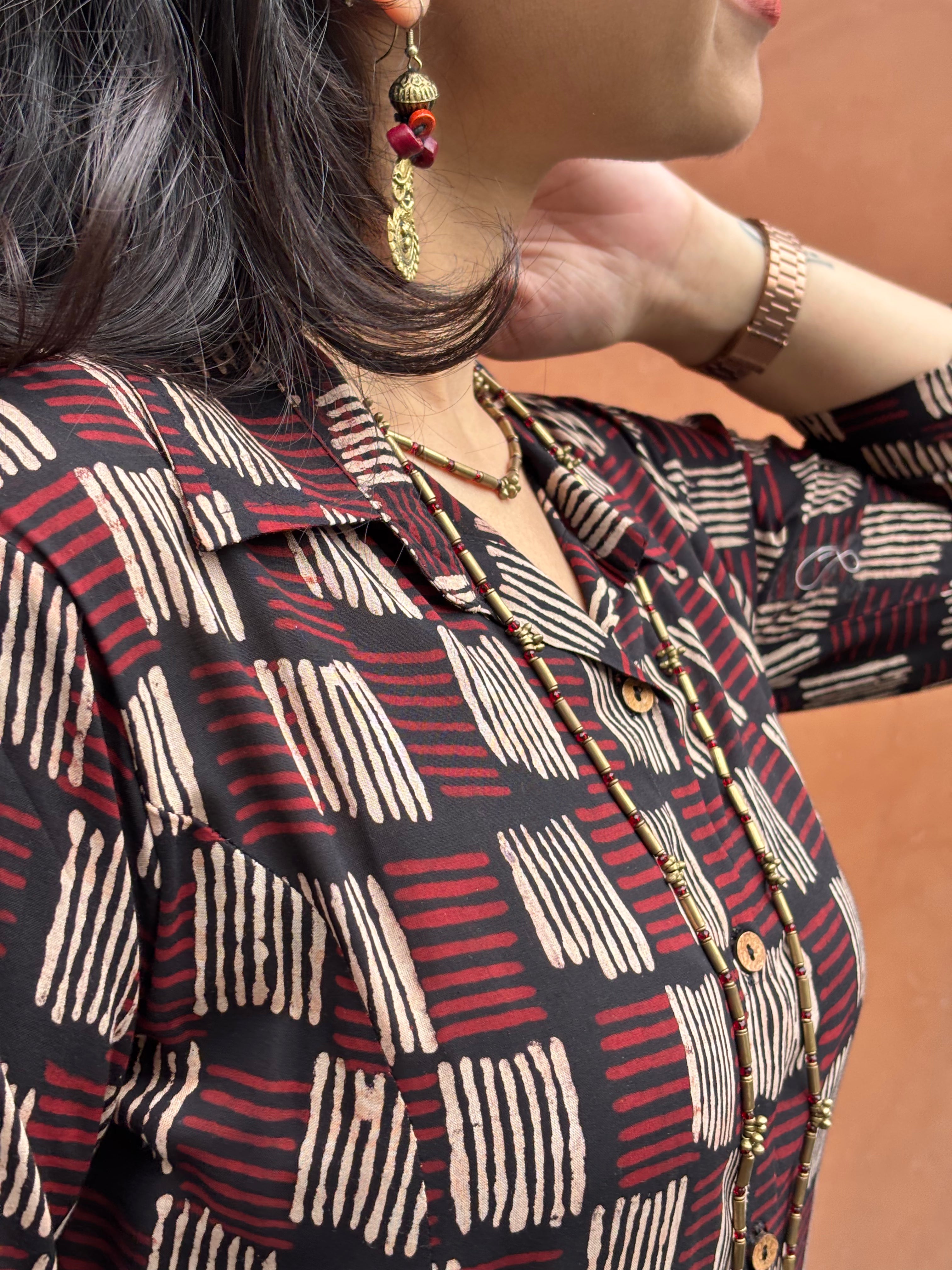 Zivah Ajrakh Hand Block Print Cotton Modal Collar A-Line Dress