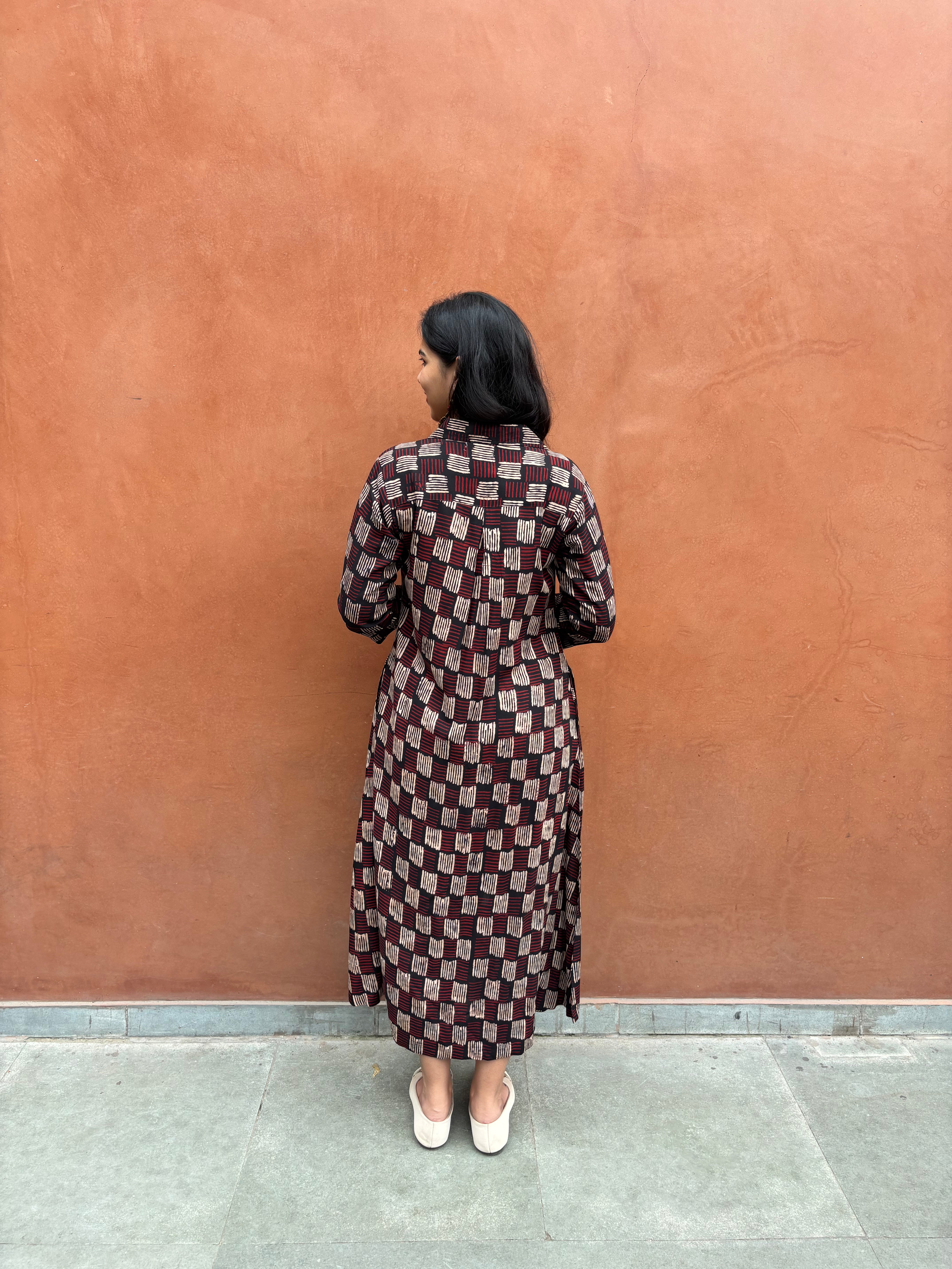 Zivah Ajrakh Hand Block Print Cotton Modal Collar A-Line Dress