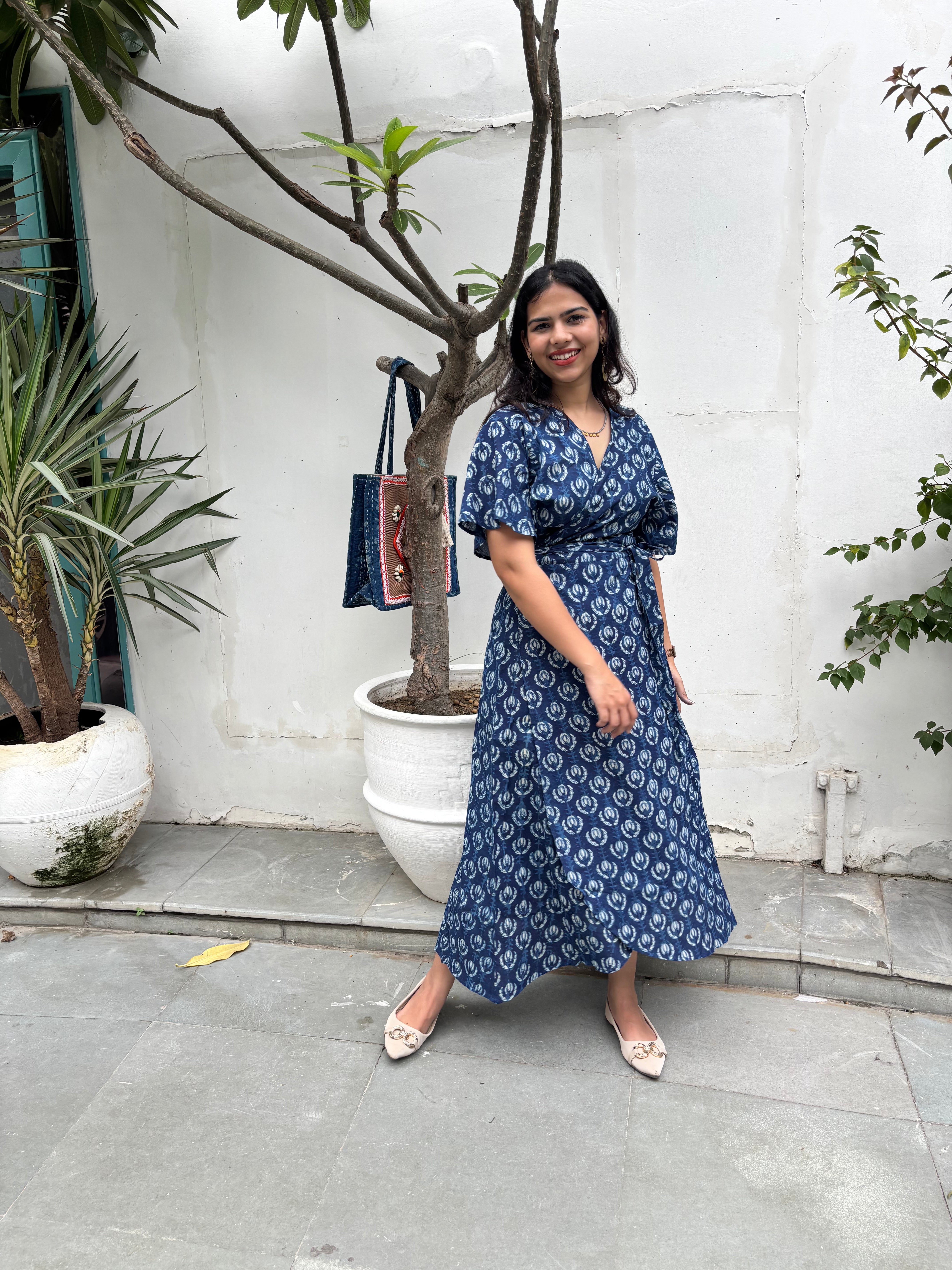 Kimaya Indigo Hand Block Print Cotton Wrap Around Dress