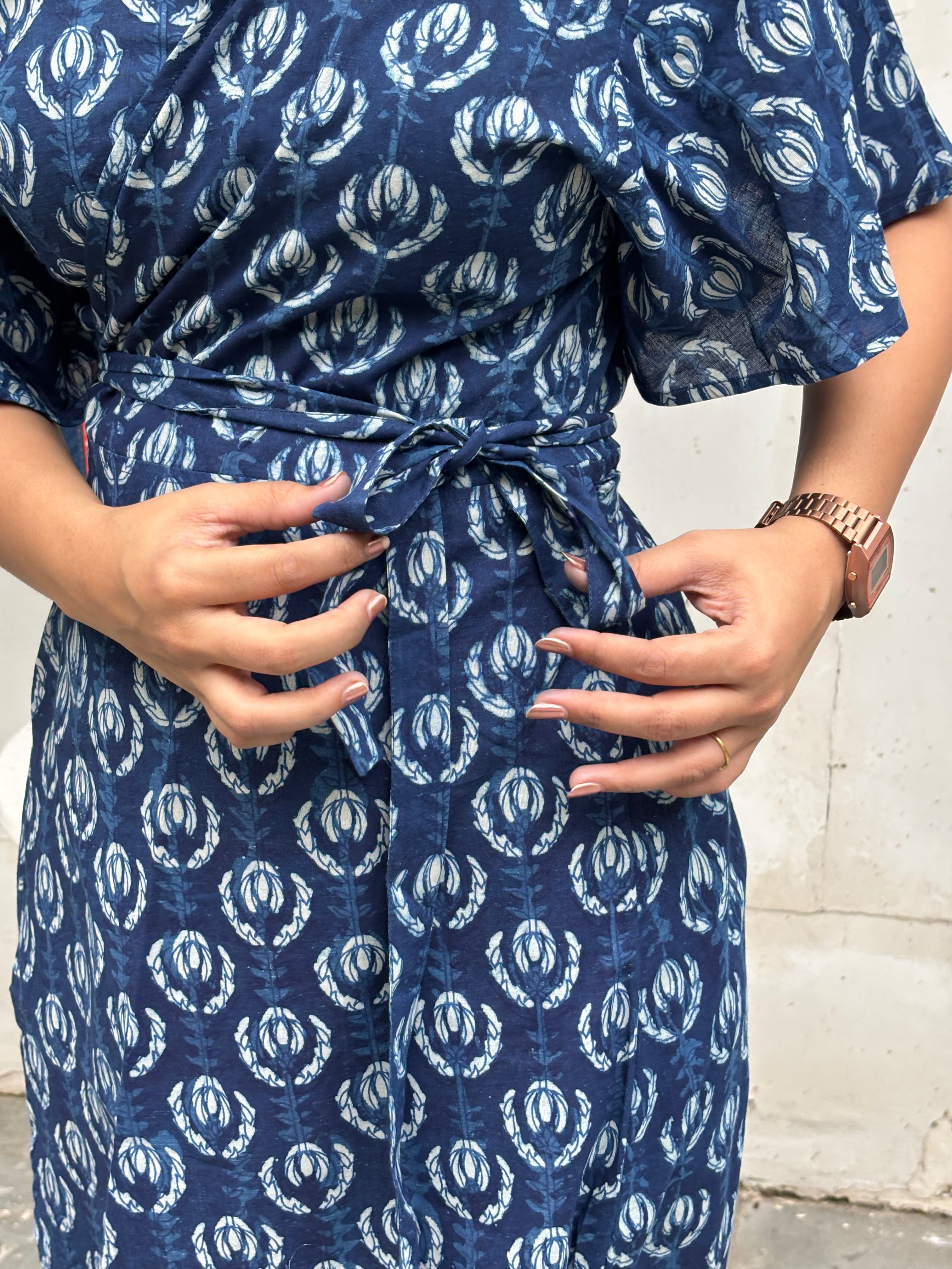 Kimaya Indigo Hand Block Print Cotton Wrap Around Dress