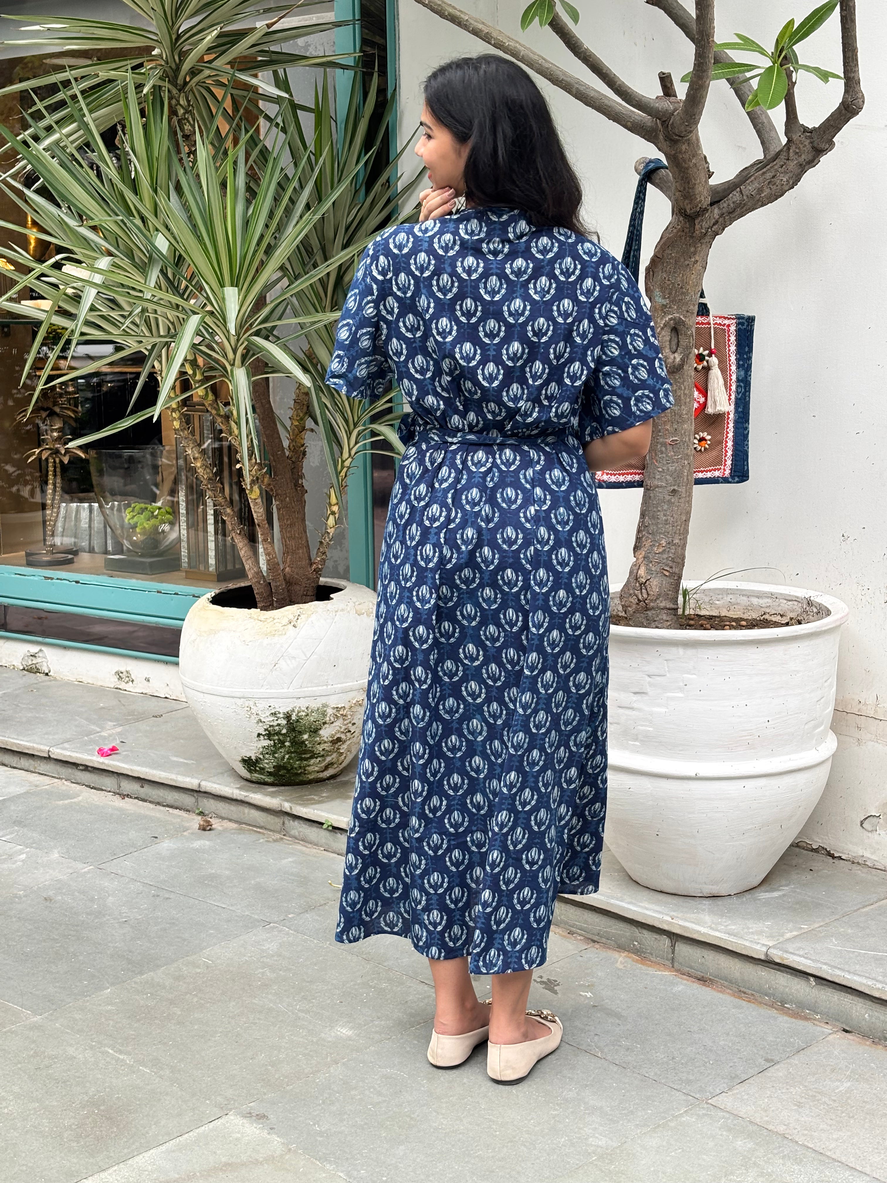 Kimaya Indigo Hand Block Print Cotton Wrap Around Dress