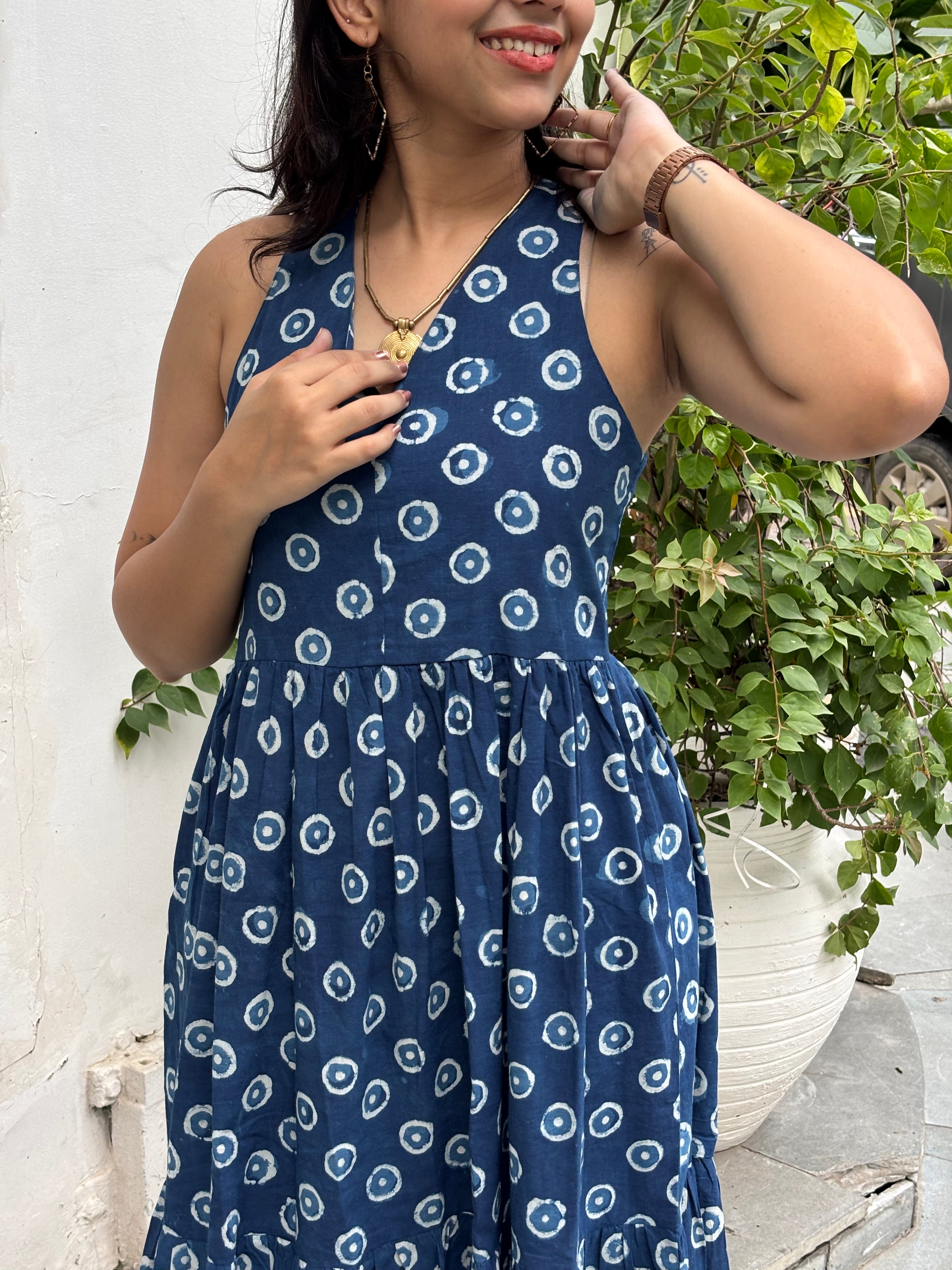Tashi Indigo Hand Block Print Cotton Halter Neck Dress