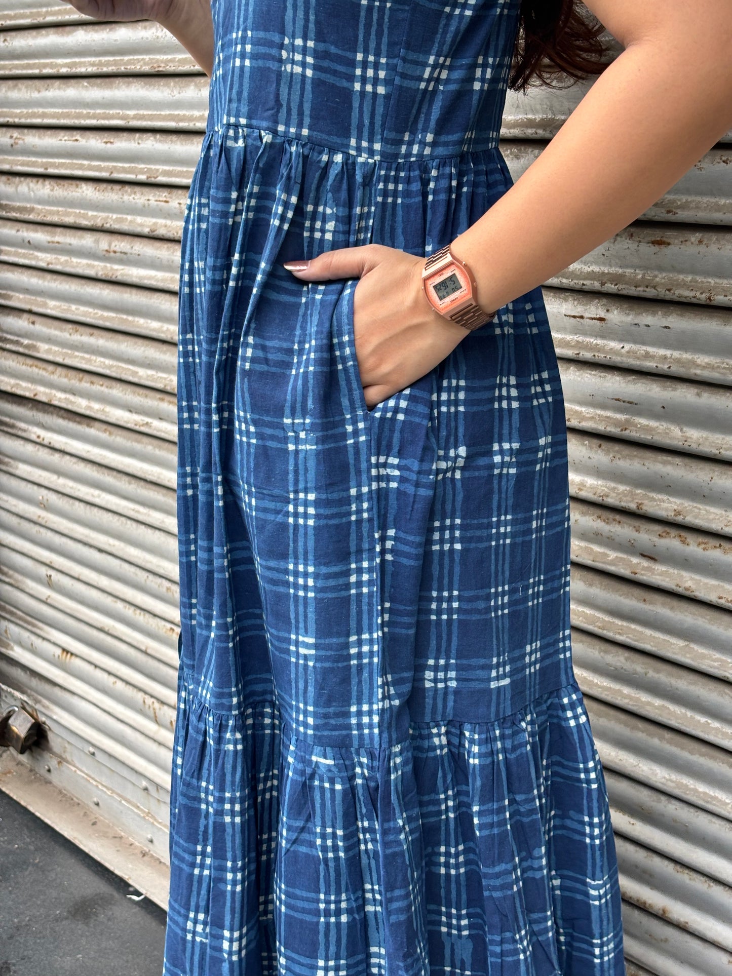 Aashvi Indigo Hand Block Print Cotton Halter Neck Dress
