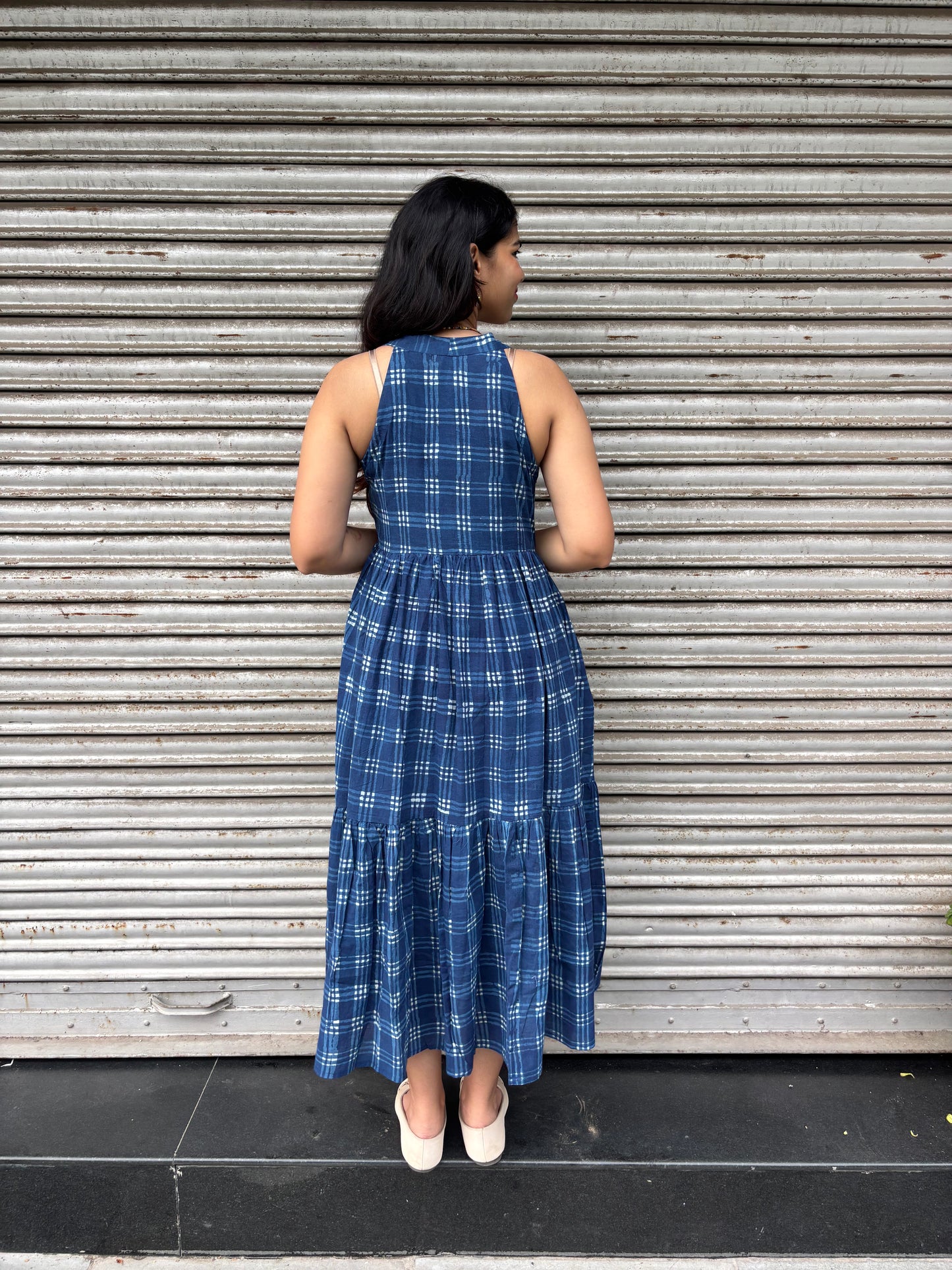 Aashvi Indigo Hand Block Print Cotton Halter Neck Dress