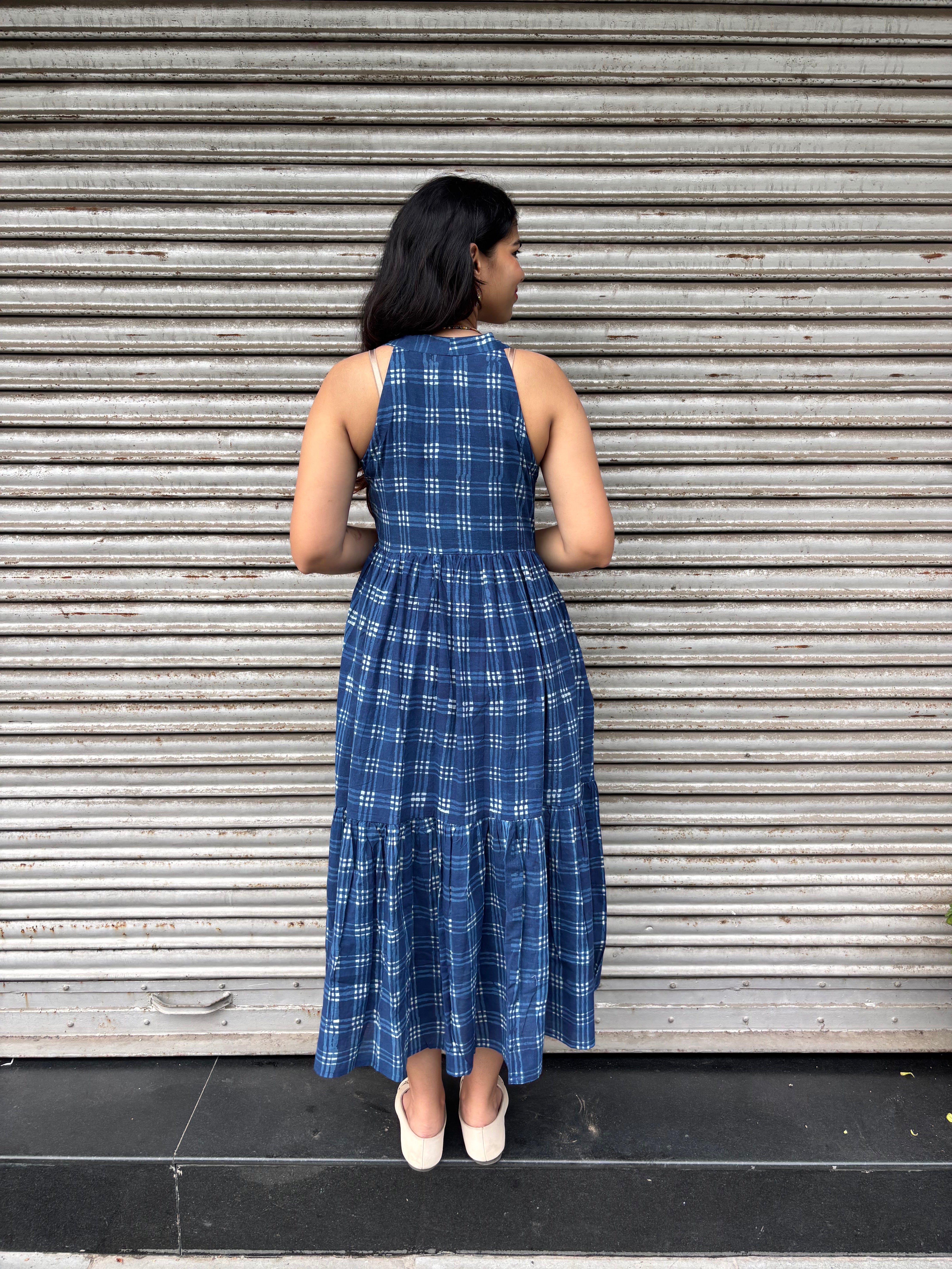 Aashvi Indigo Hand Block Print Cotton Halter Neck Dress