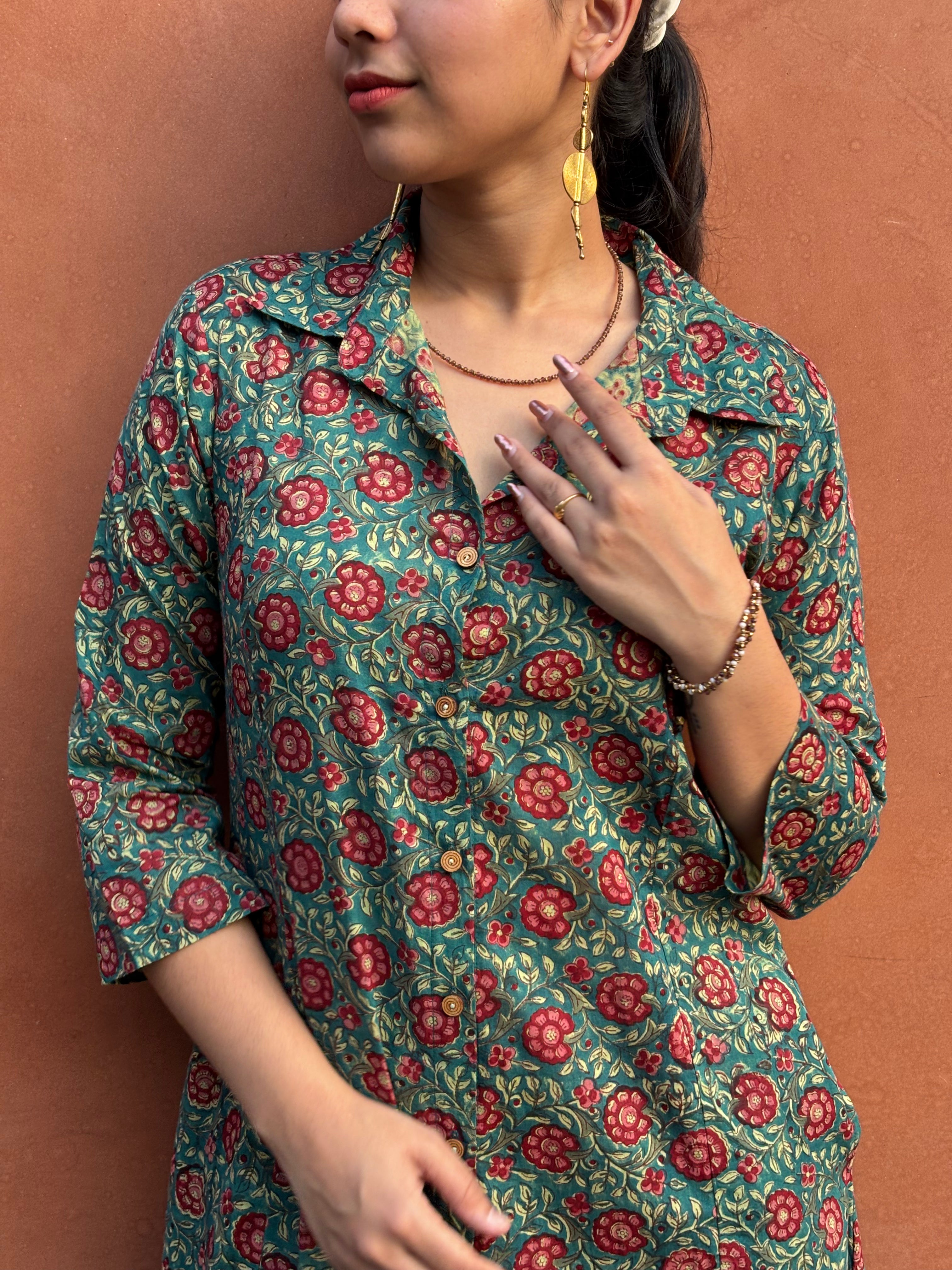 Rosalia Hand Block Print Cotton Collar A-Line Dress