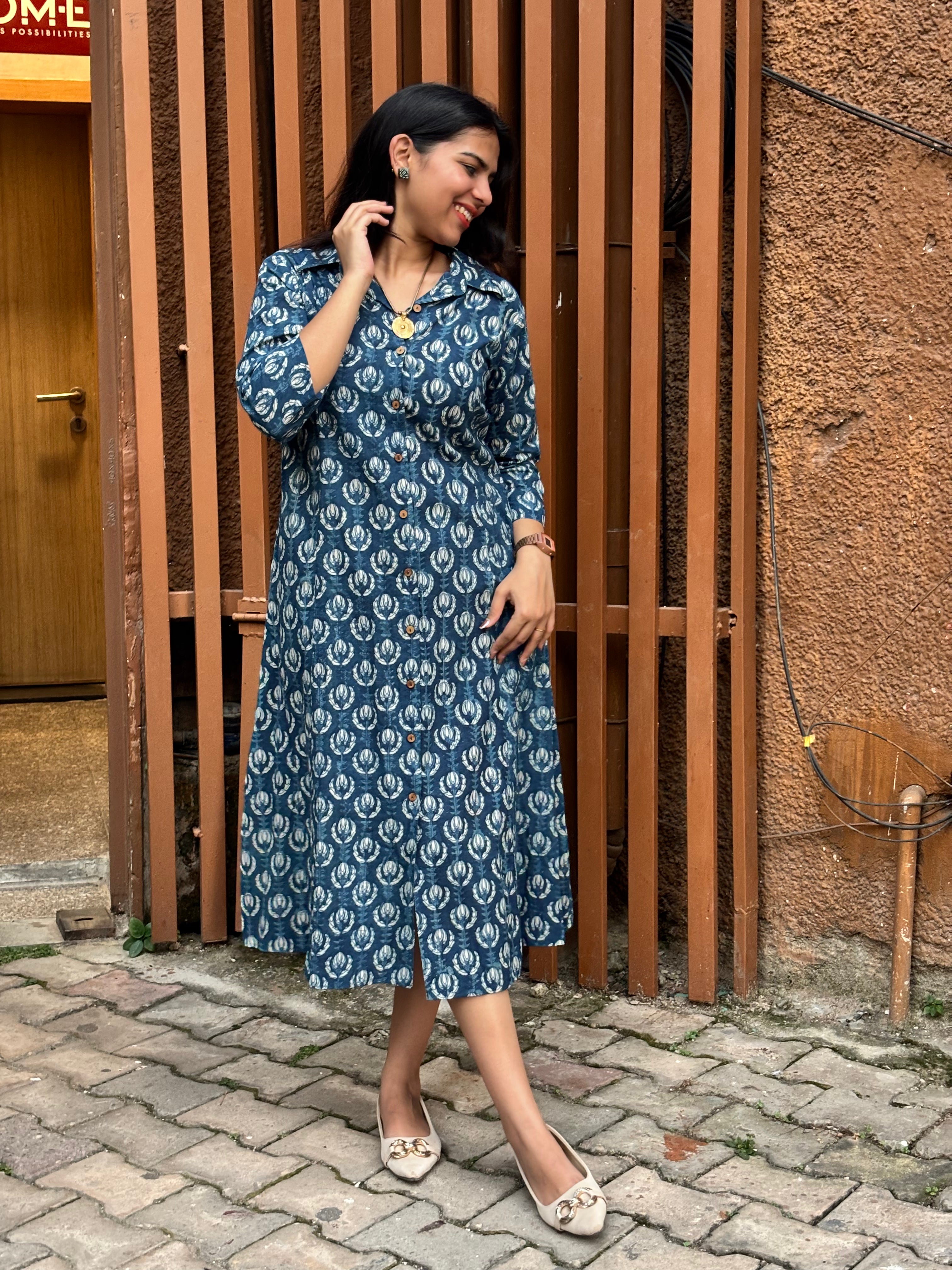 Jinal Indigo Hand Block Print Cotton Collar A-Line Dress