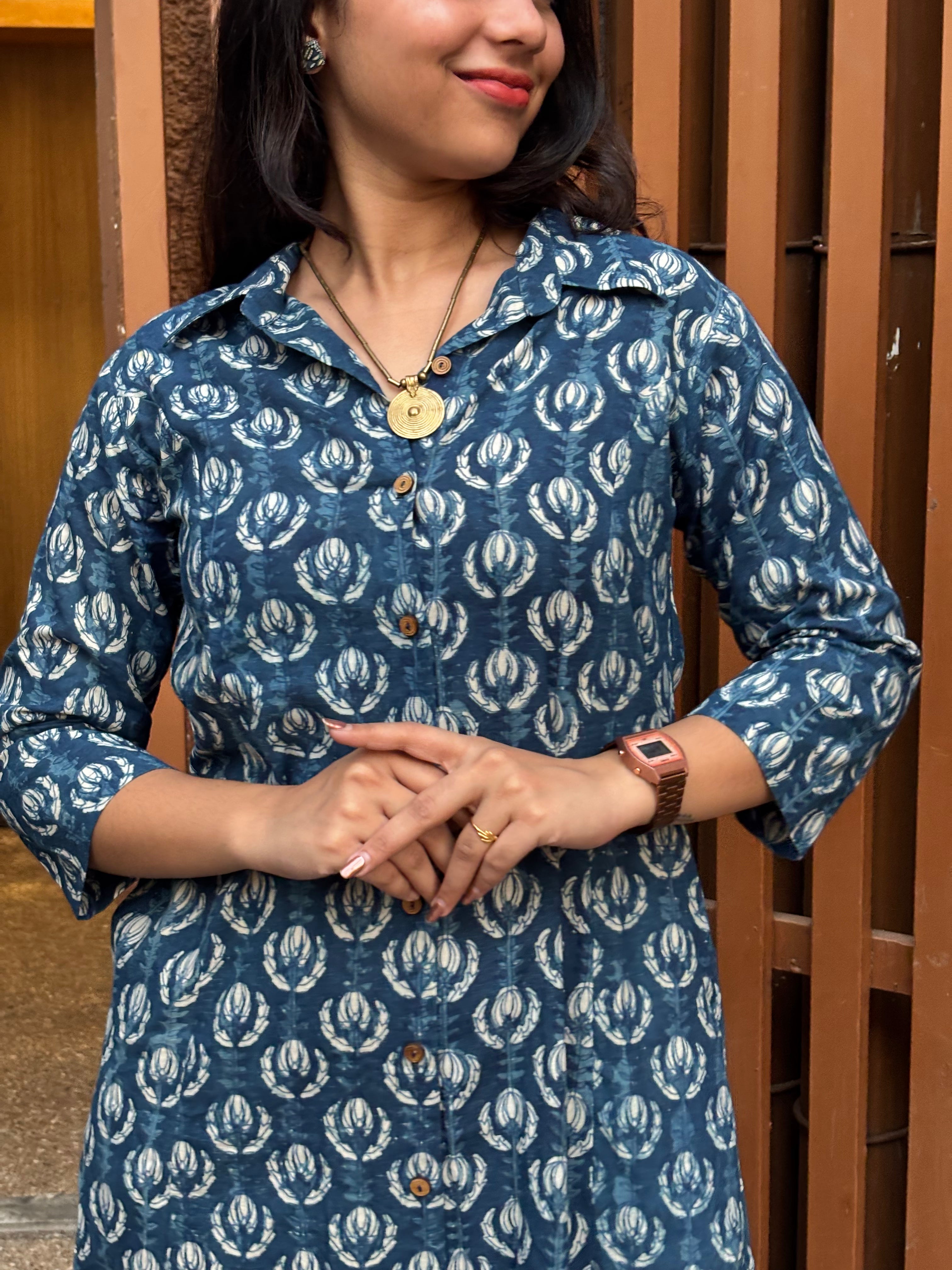 Jinal Indigo Hand Block Print Cotton Collar A-Line Dress