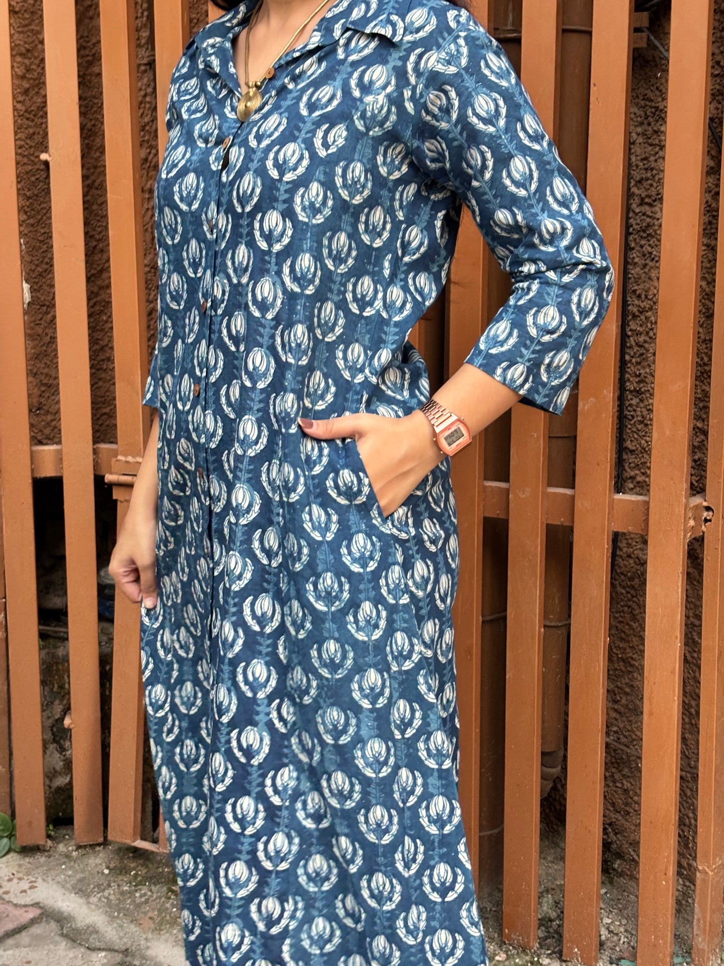 Jinal Indigo Hand Block Print Cotton Collar A-Line Dress