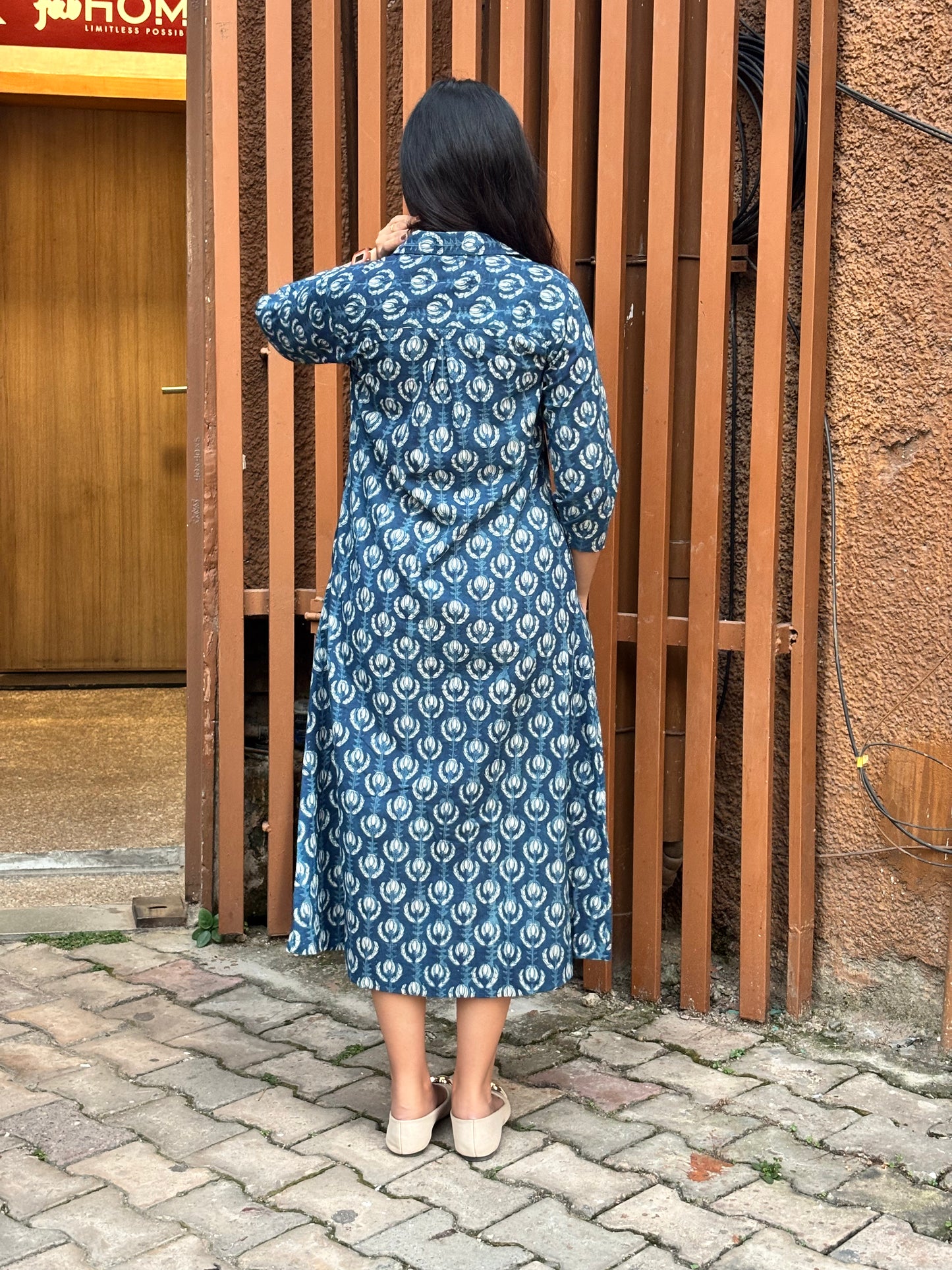 Jinal Indigo Hand Block Print Cotton Collar A-Line Dress