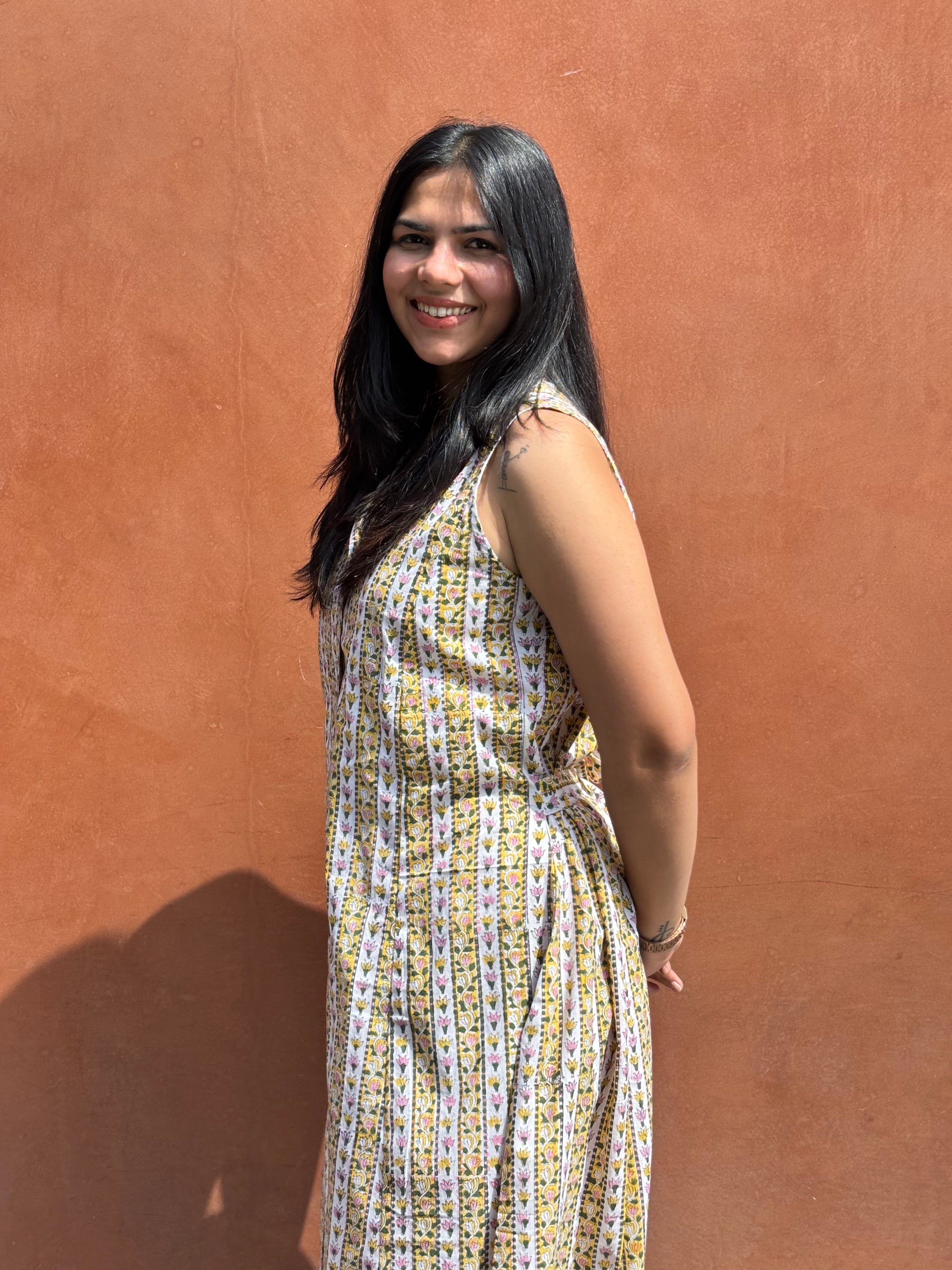 Laila Hand Block Cotton Print A-Line Dress