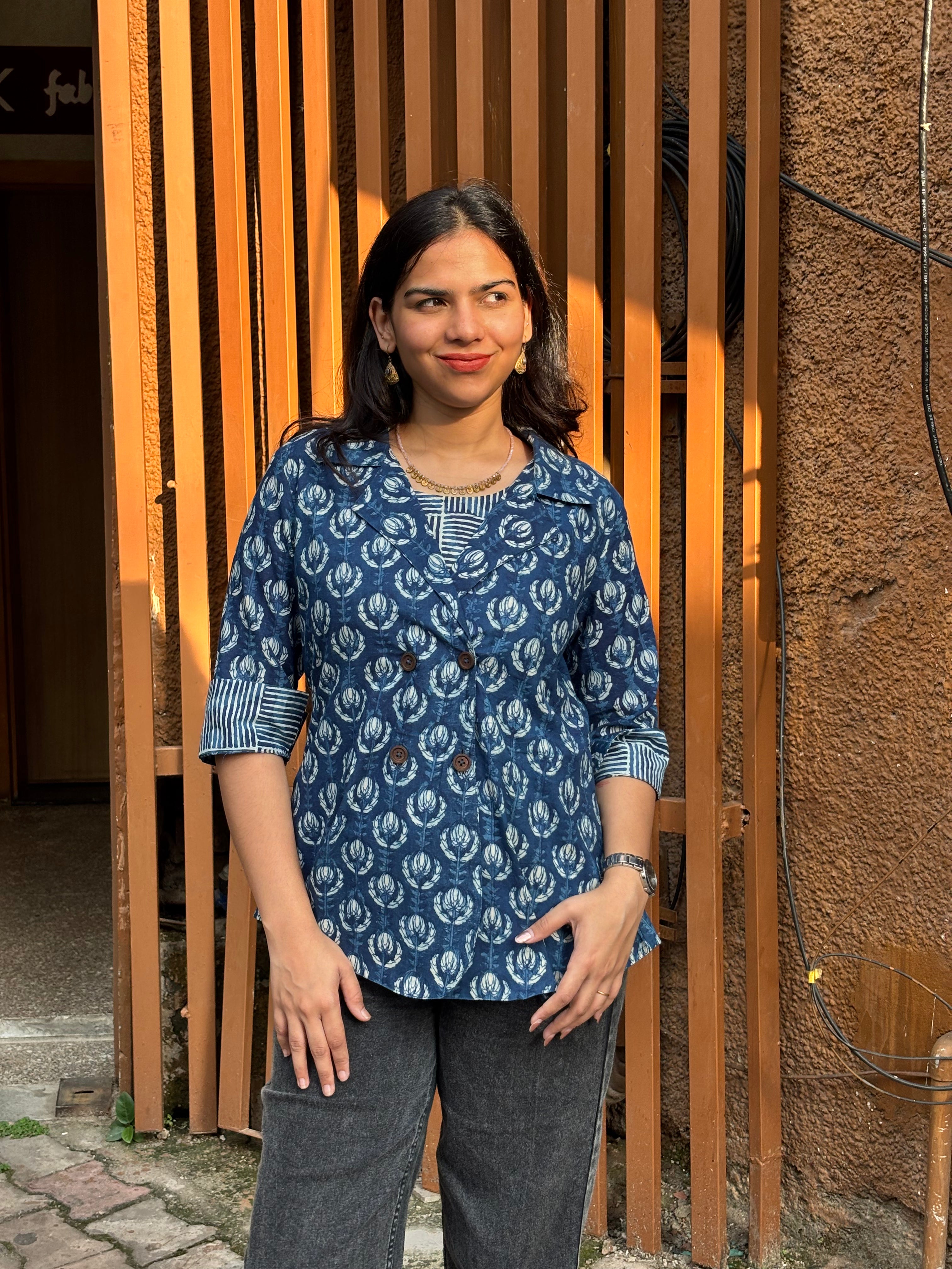 Jinal Indigo Hand Block Print Cotton Double Layer Top