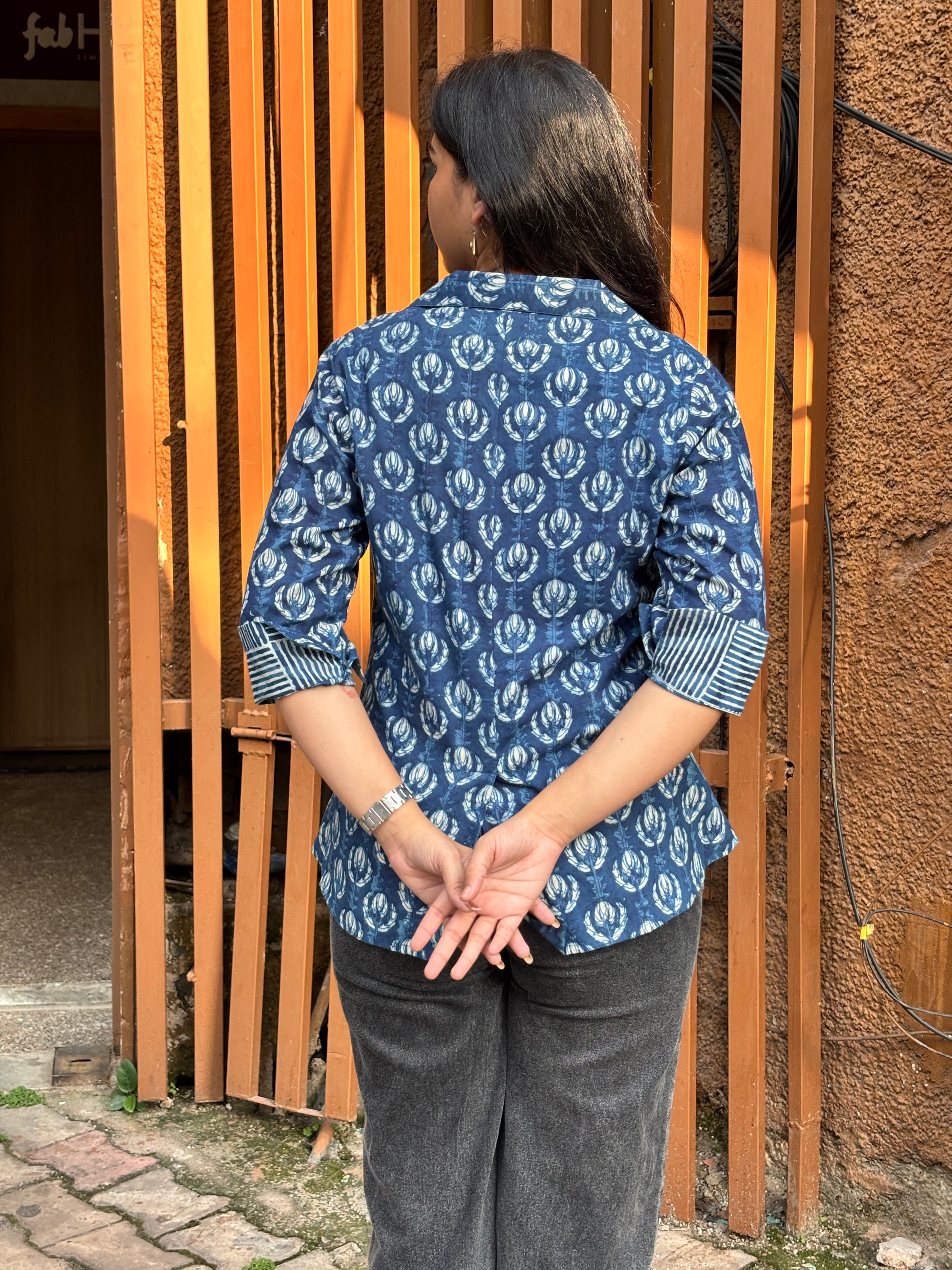 Jinal Indigo Hand Block Print Cotton Double Layer Top