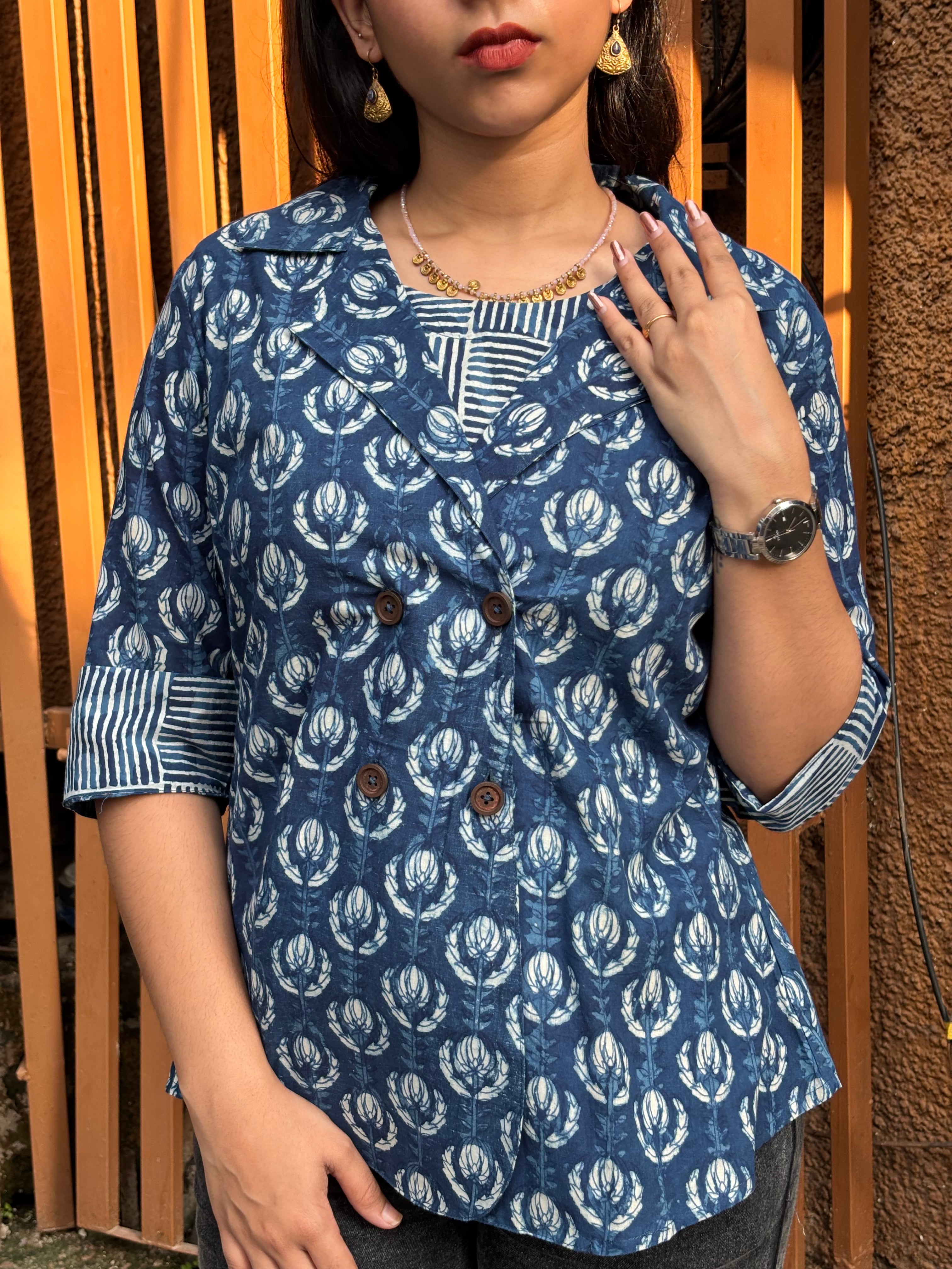 Jinal Indigo Hand Block Print Cotton Double Layer Top
