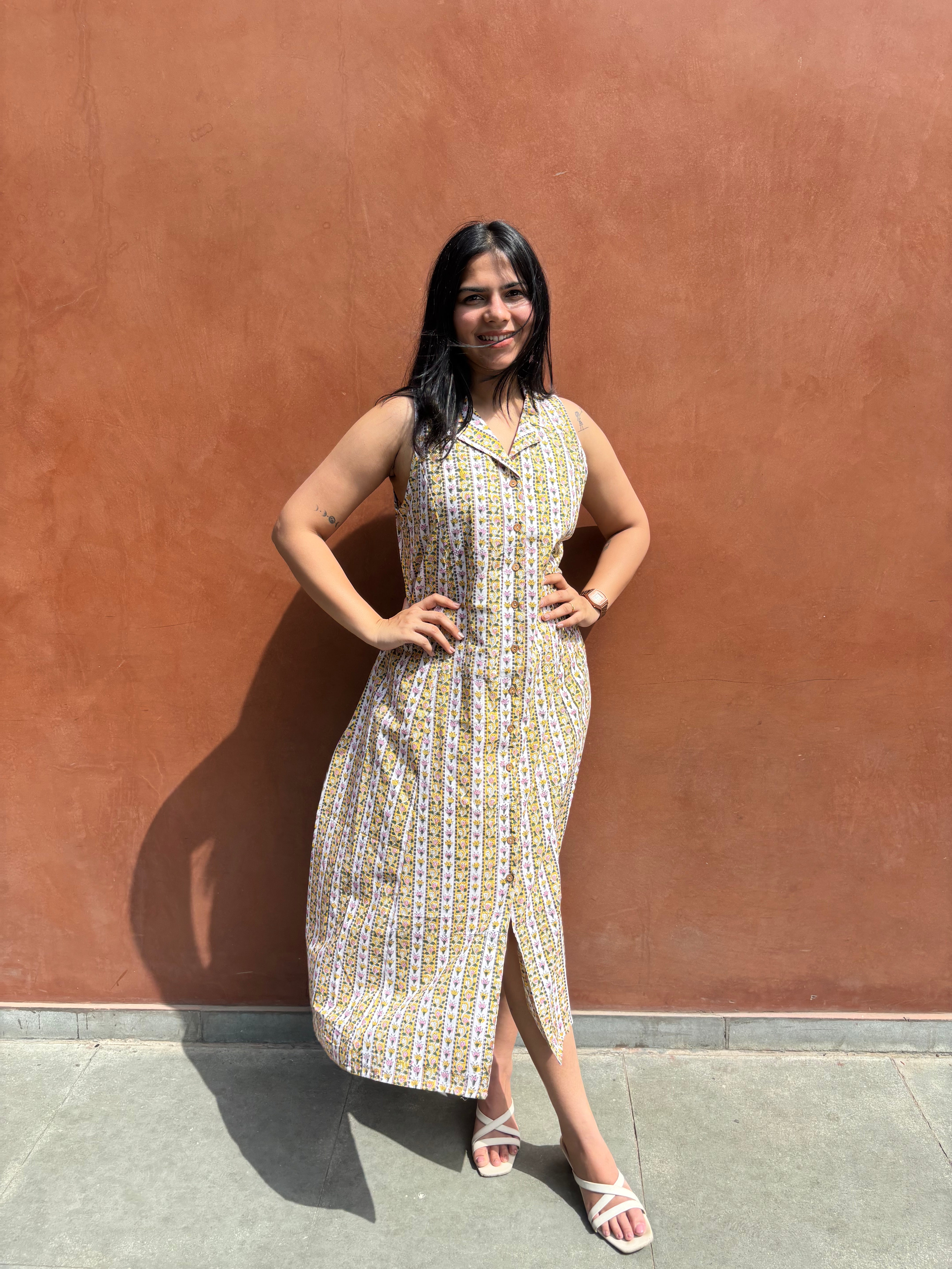 Laila Hand Block Cotton Print A-Line Dress