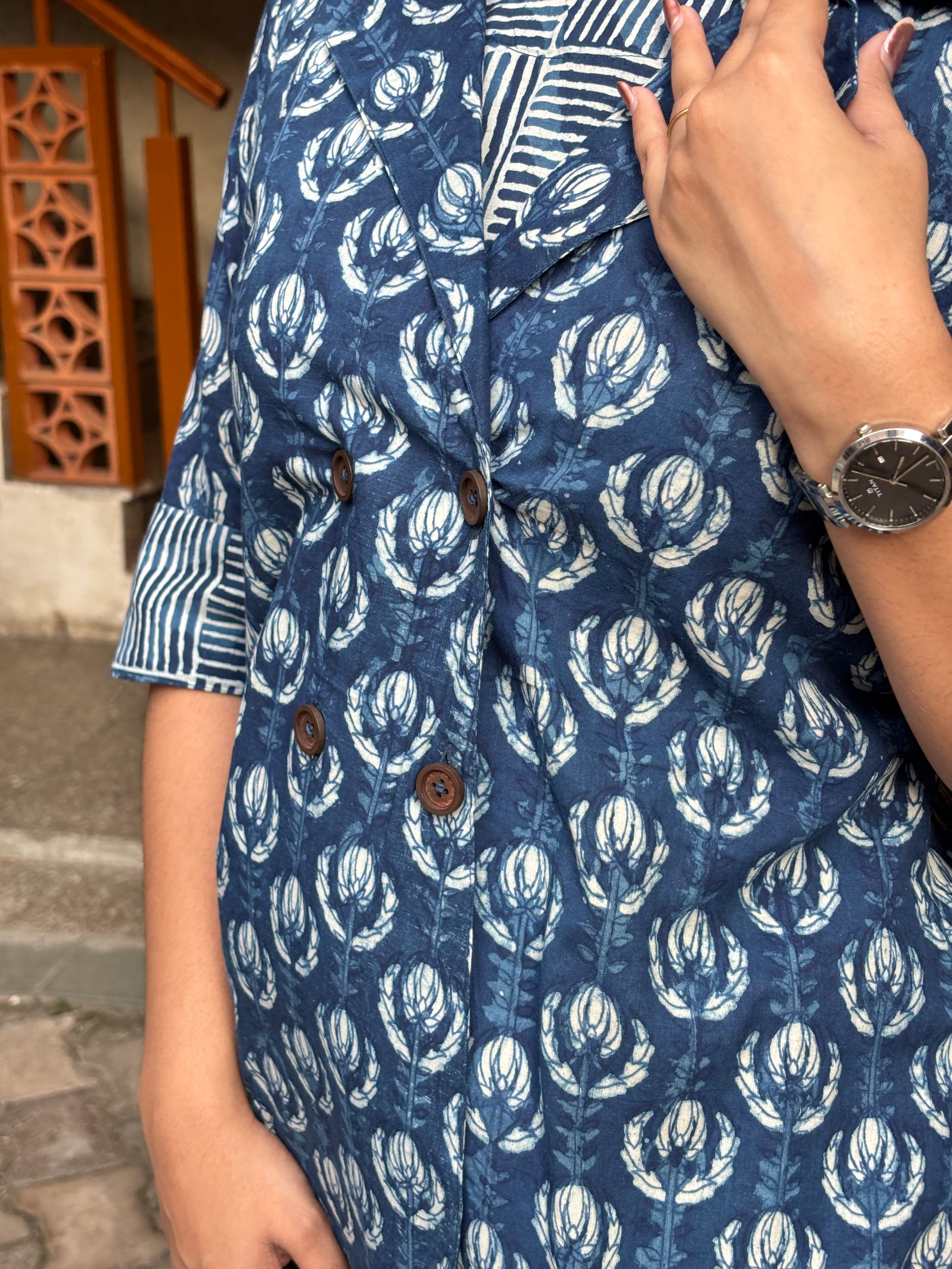 Jinal Indigo Hand Block Print Cotton Double Layer Top