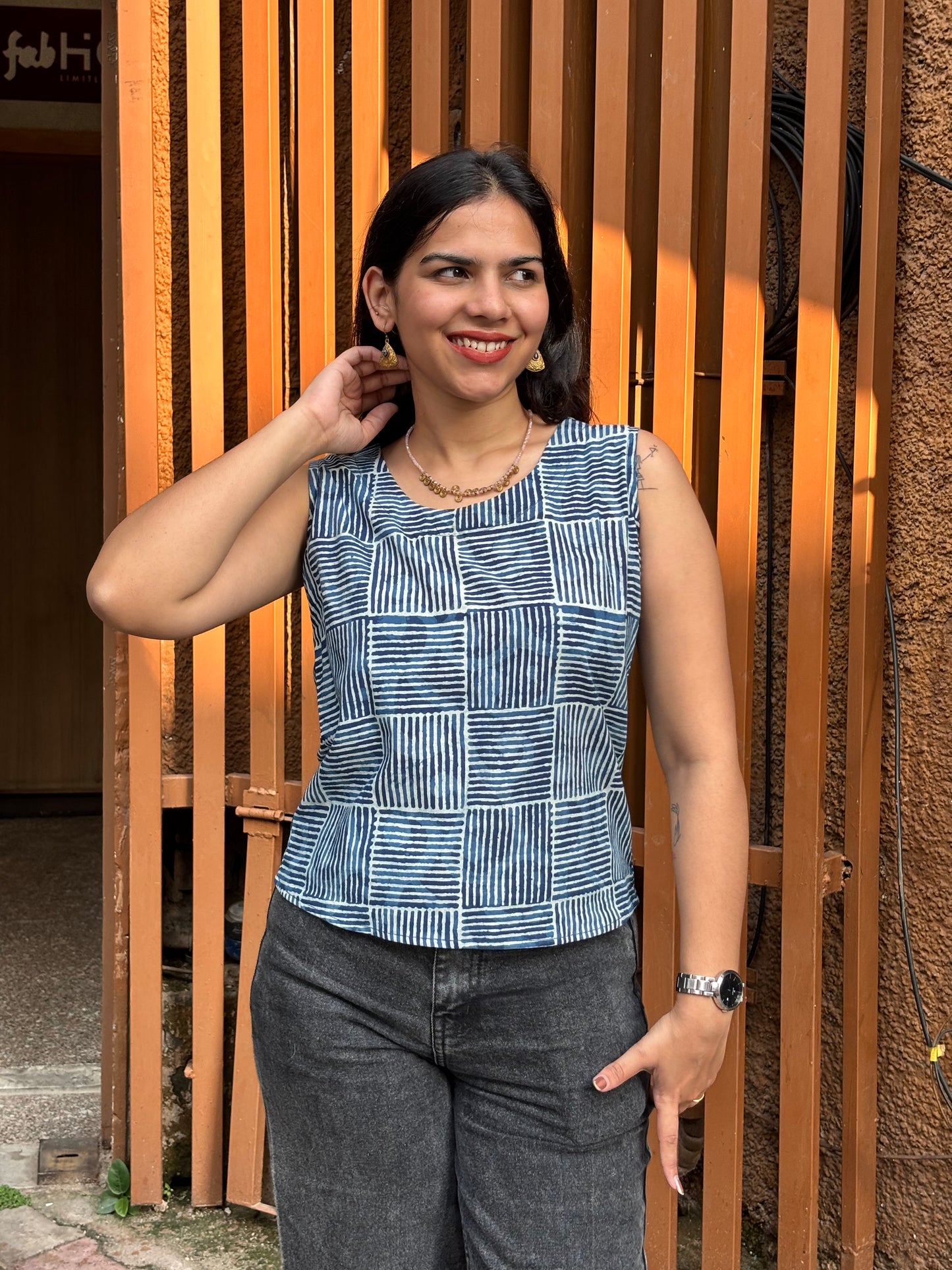 Jinal Indigo Hand Block Print Cotton Double Layer Top