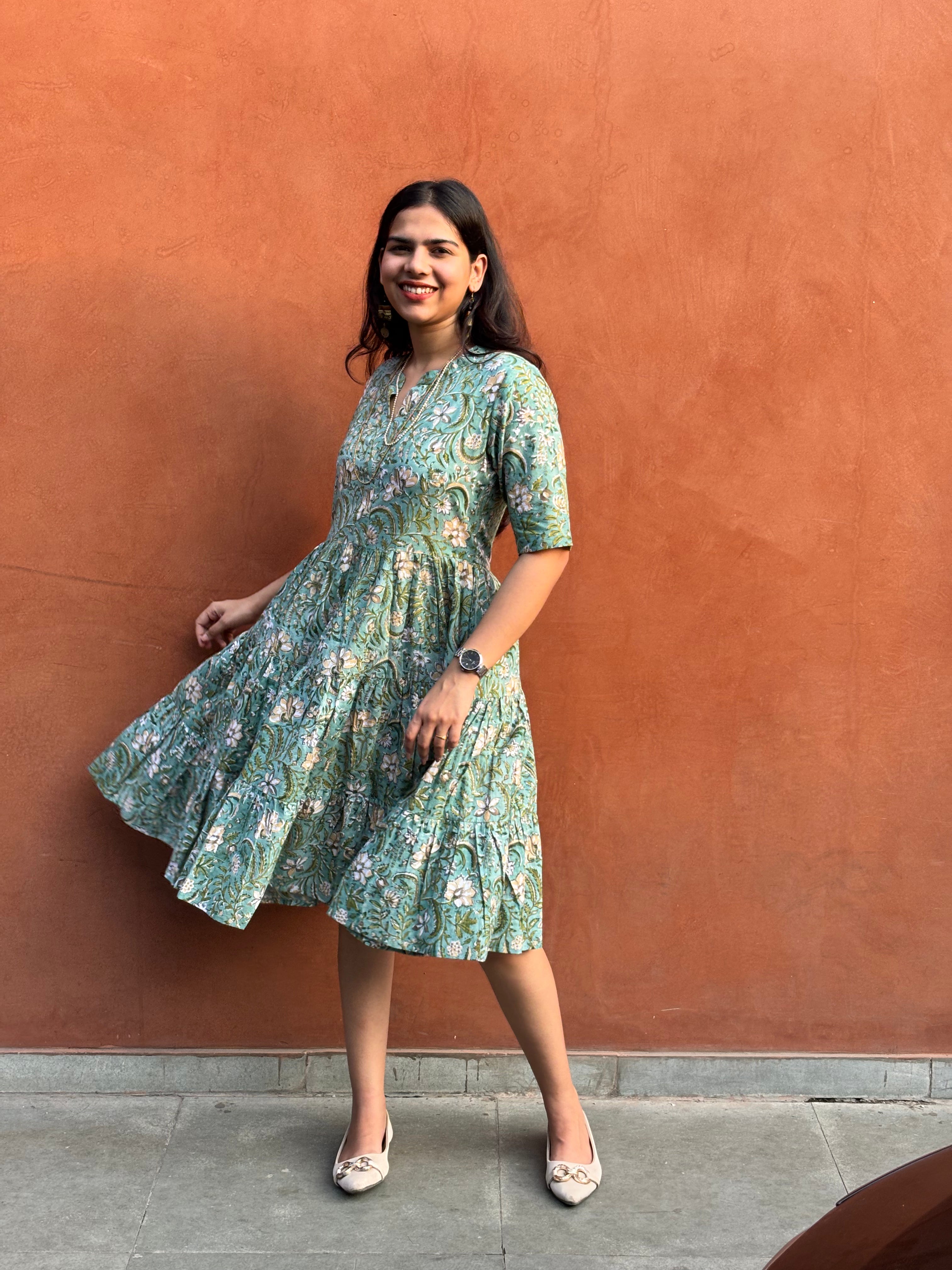 Nyra Hand Block Print Cotton Flare Dress