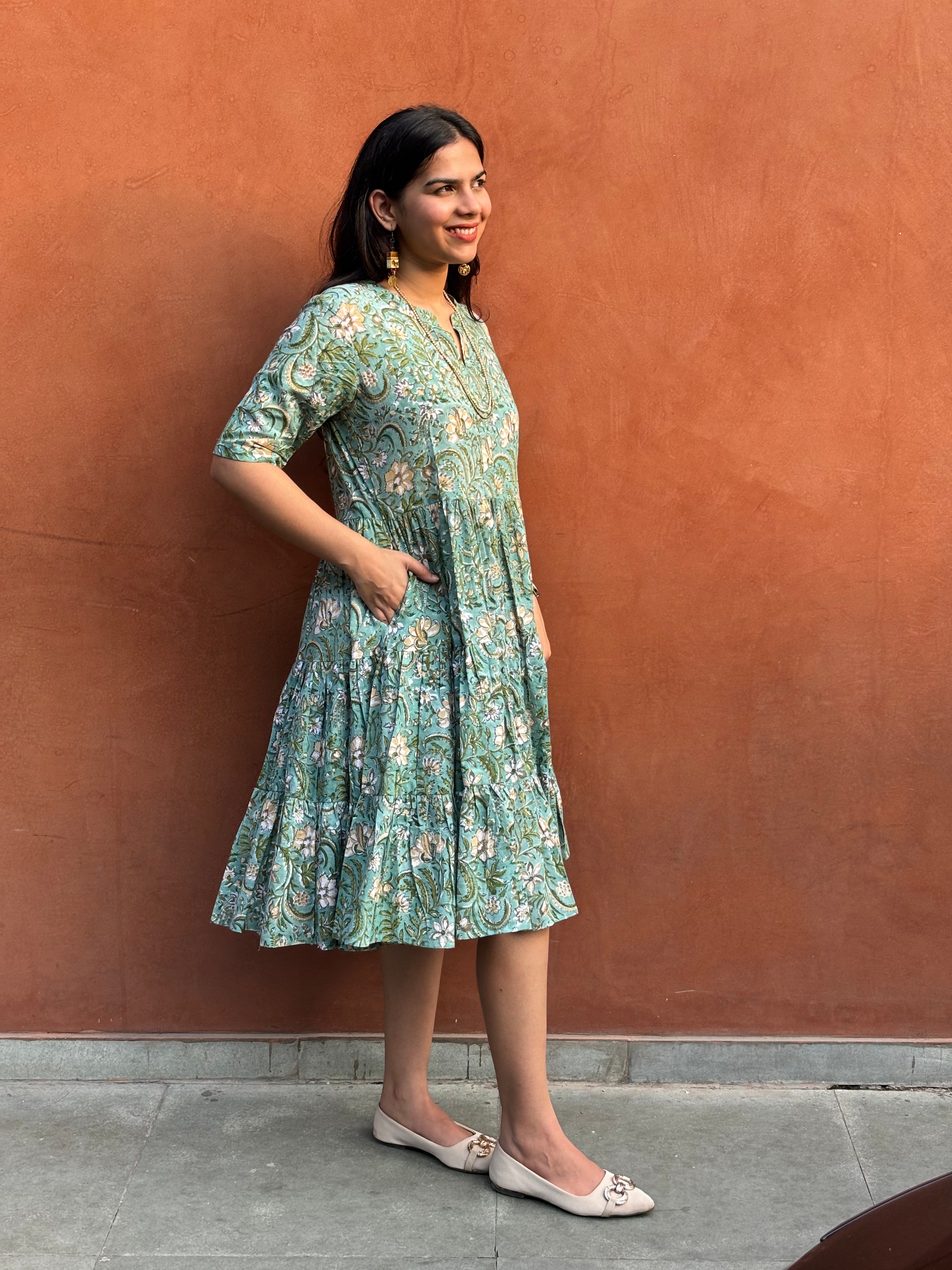 Nyra Hand Block Print Cotton Flare Dress