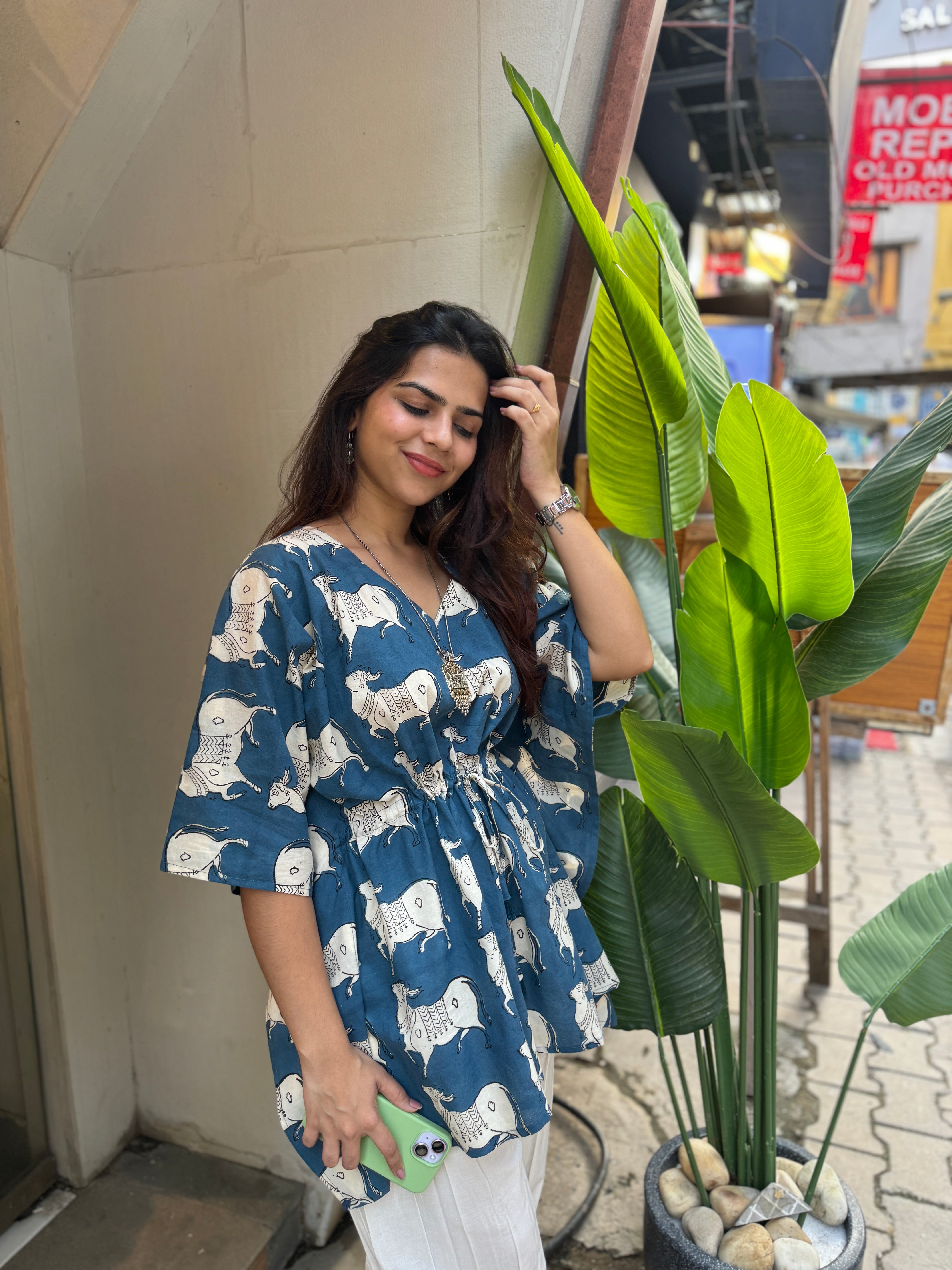 Nandi Hand Block Print Cotton Kaftan Top (BLUE)