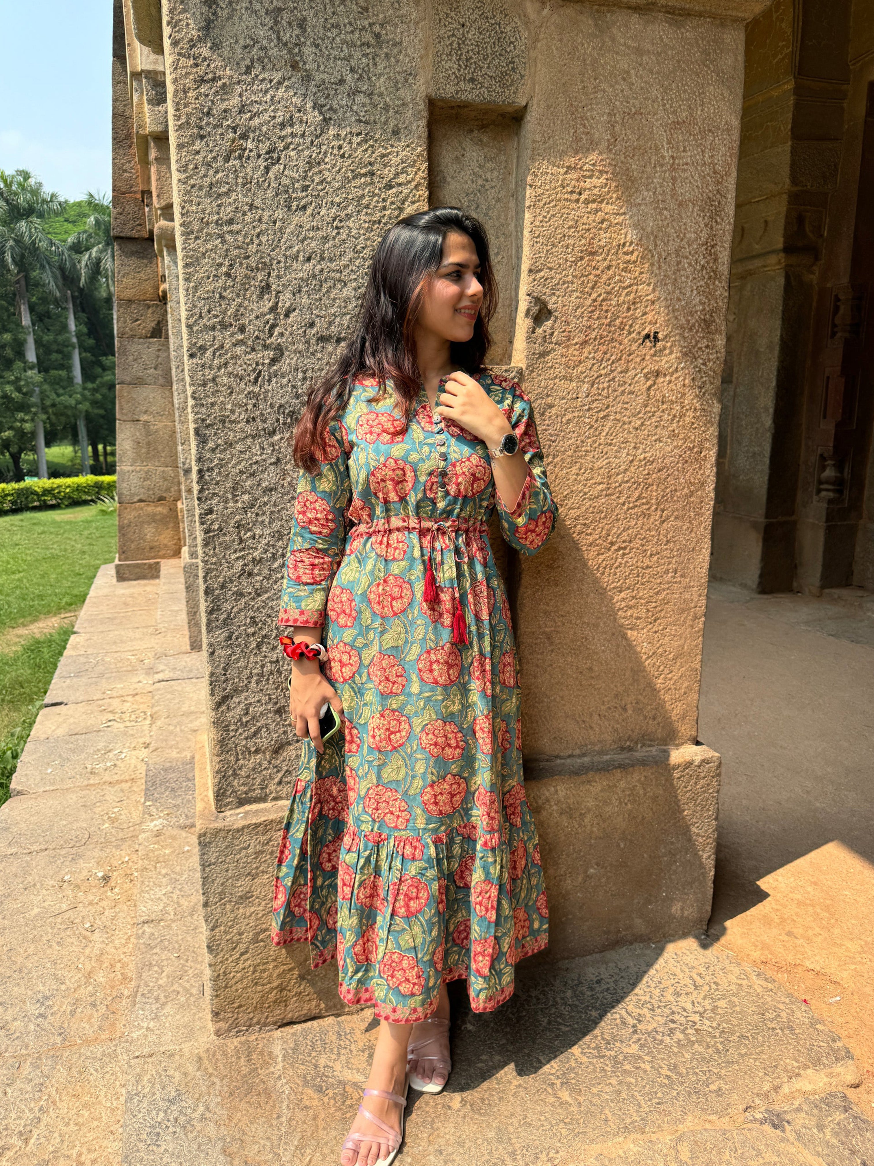 Vanika Hand Block Print Cotton Long A-Line Dress