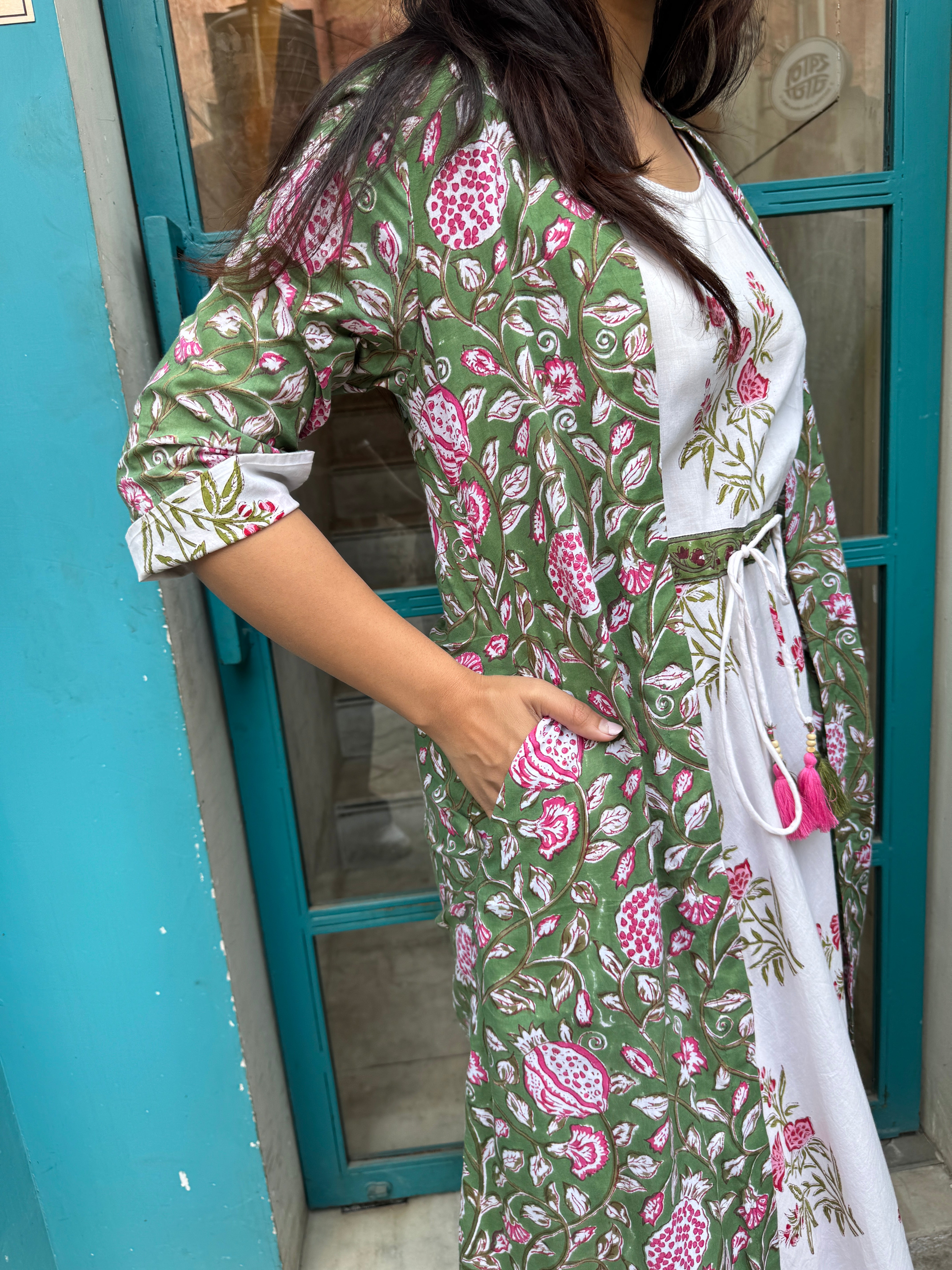 Vanya Hand Block Print Cotton Long Double Layer Dress