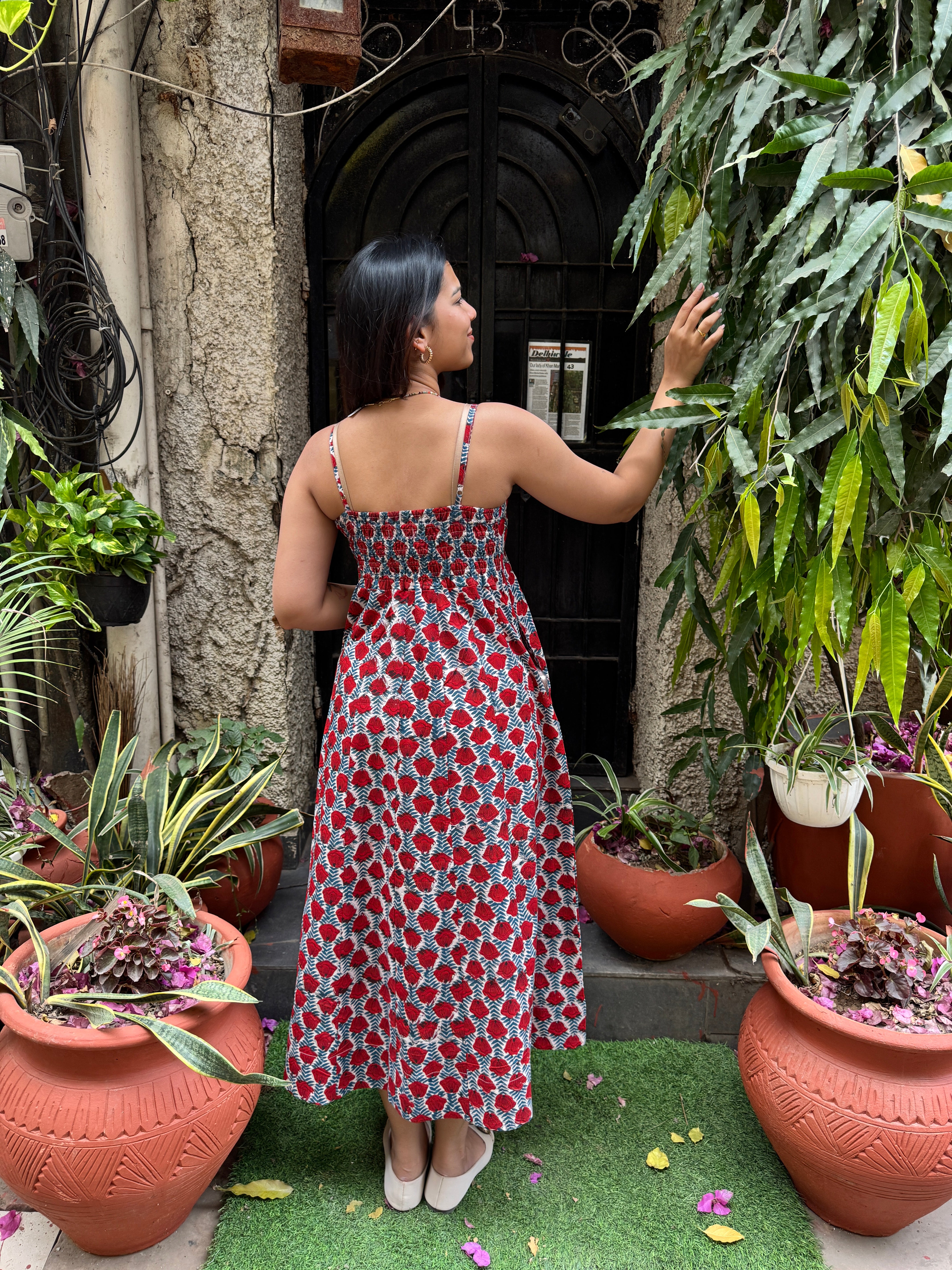 Anka Hand Block Print Cotton Spaghetti Dress