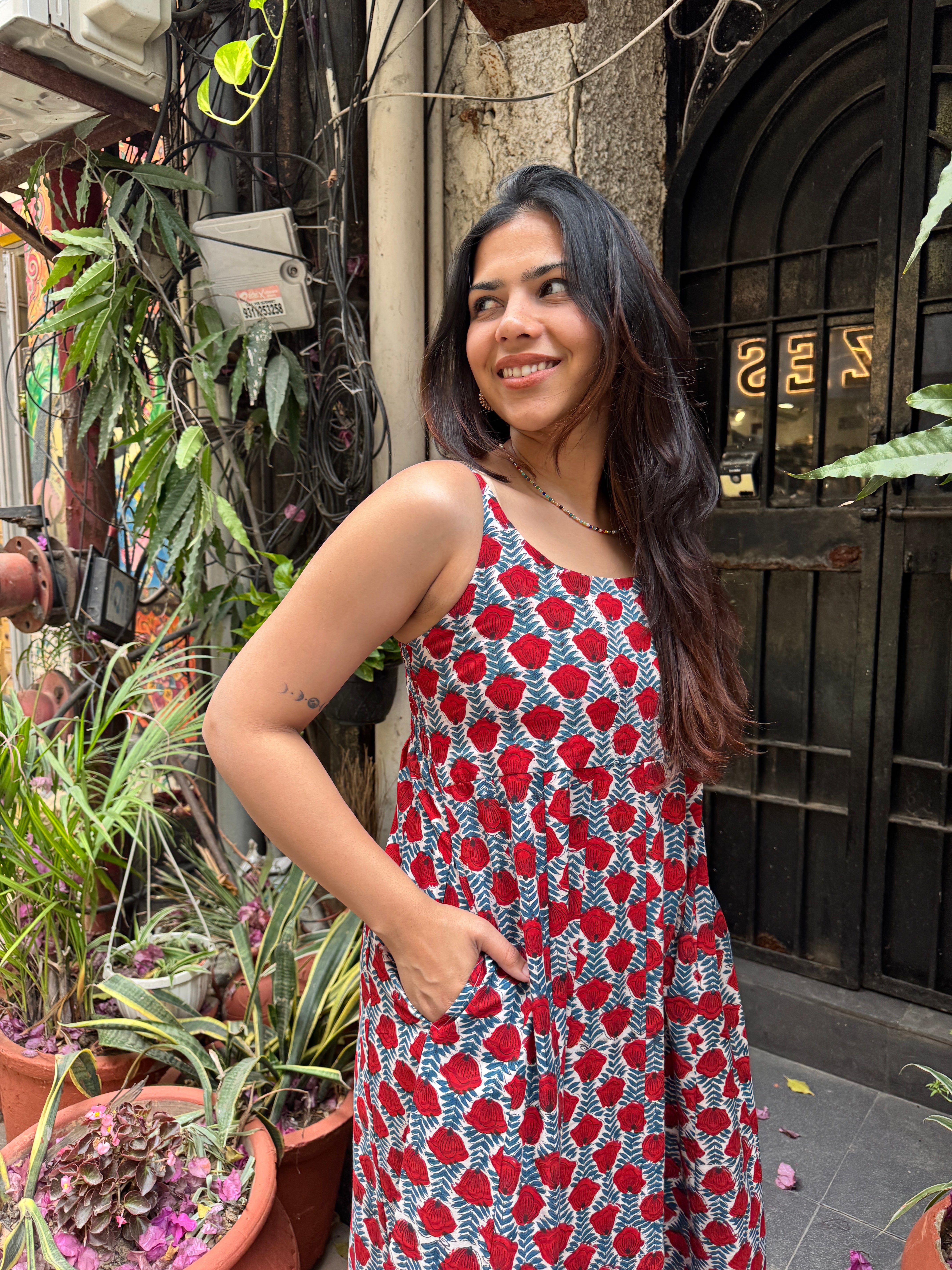 Anka Hand Block Print Cotton Spaghetti Dress