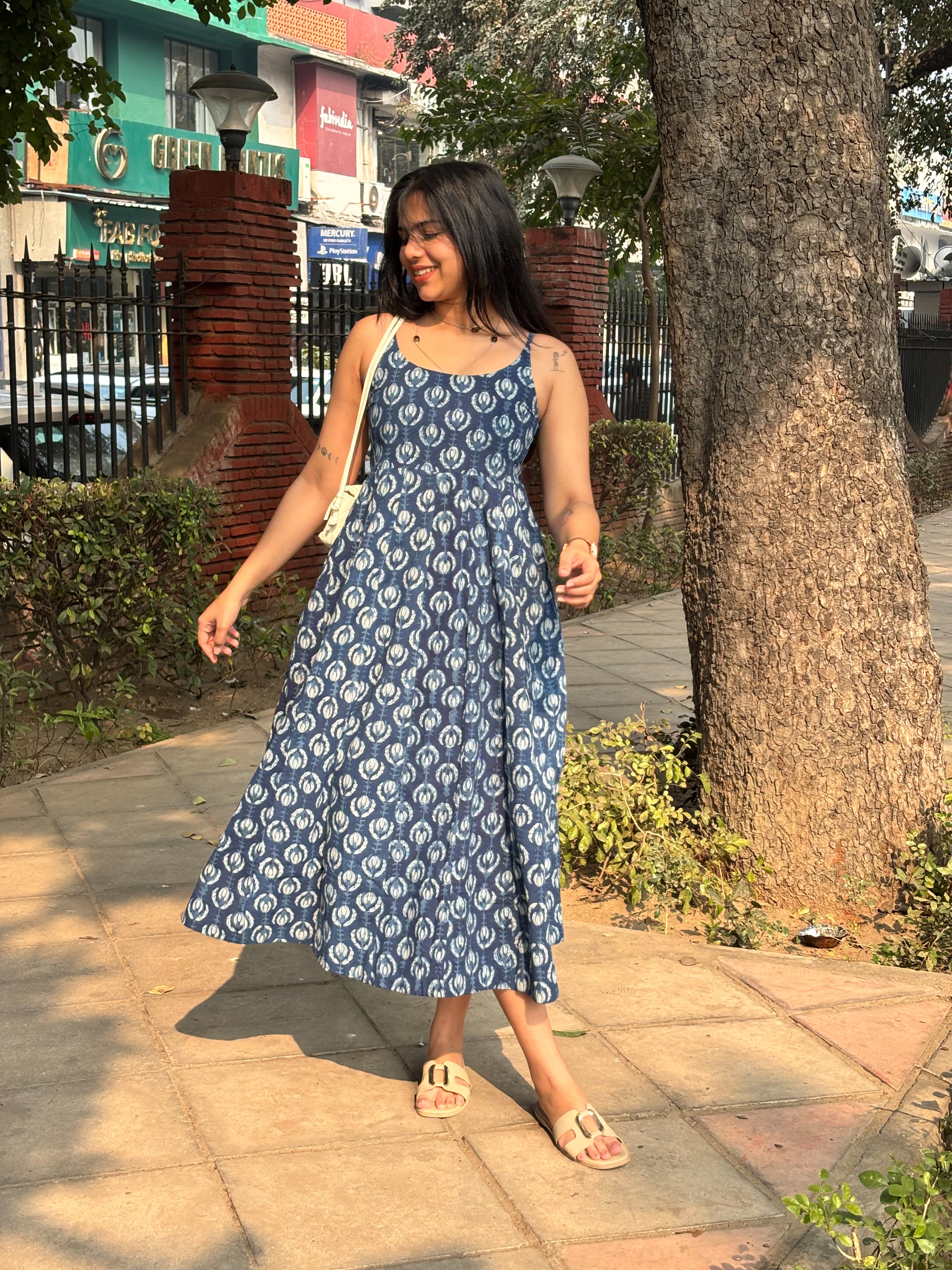 Jinal Indigo Hand Block Print Cotton Spaghetti Dress