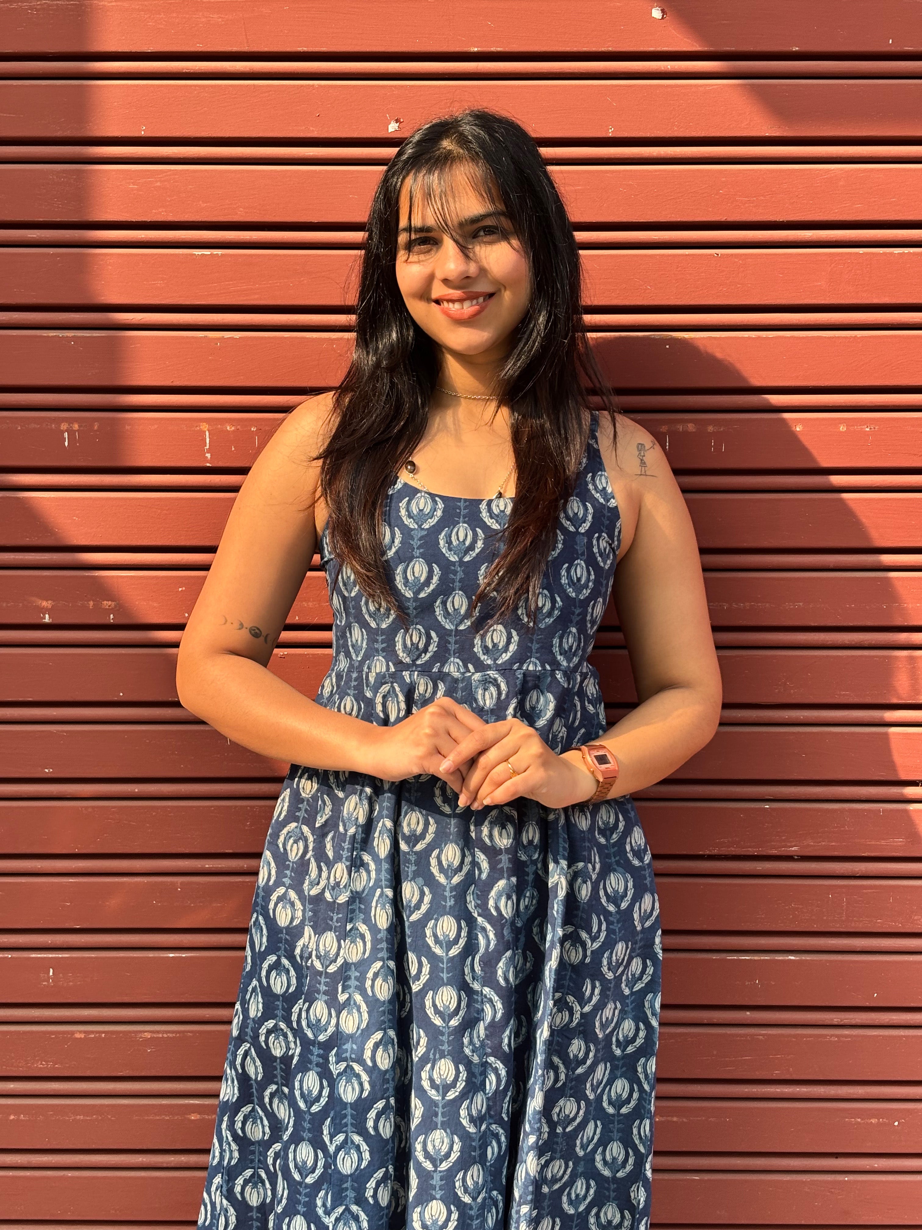 Jinal Indigo Hand Block Print Cotton Spaghetti Dress