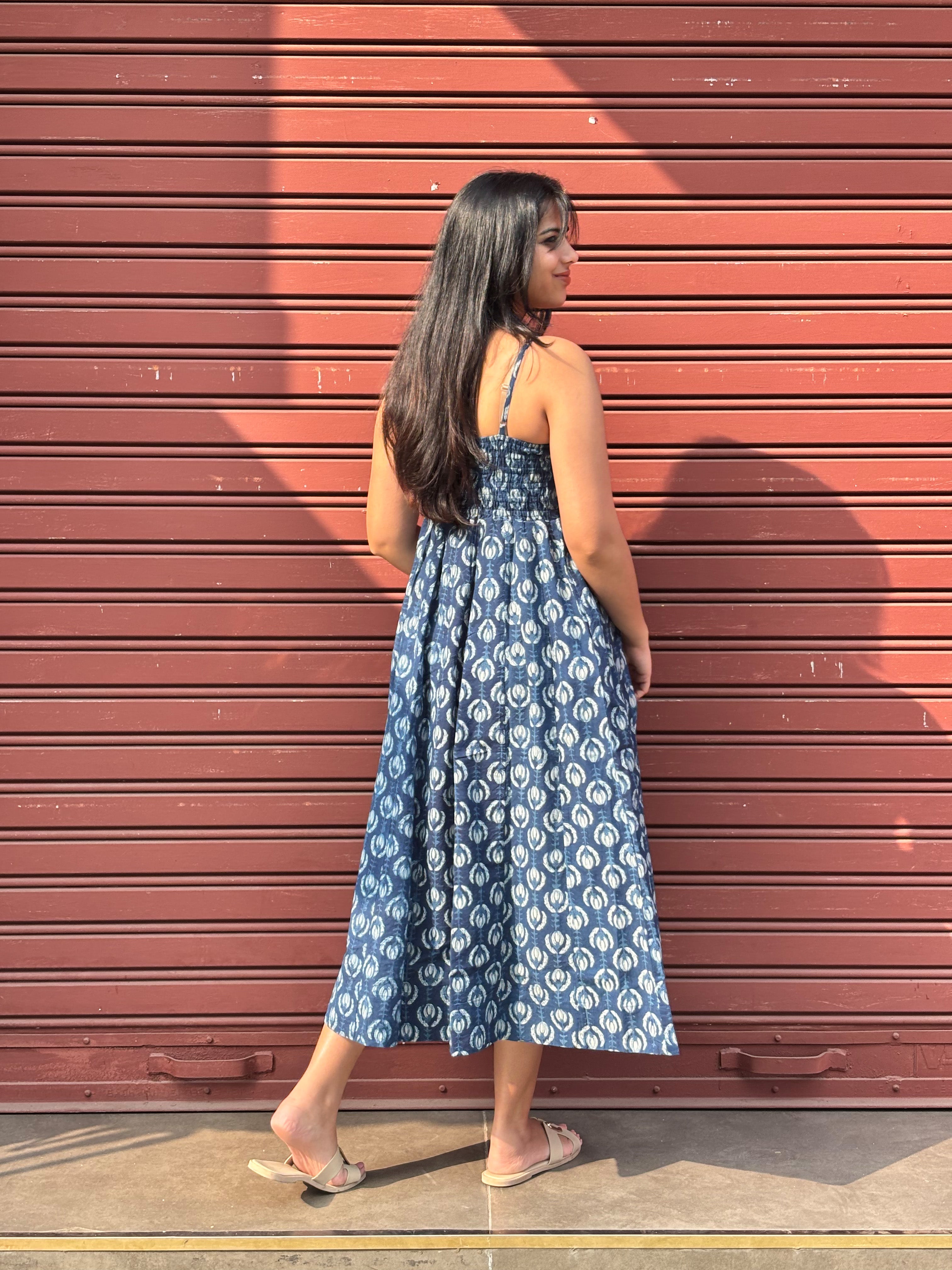 Jinal Indigo Hand Block Print Cotton Spaghetti Dress