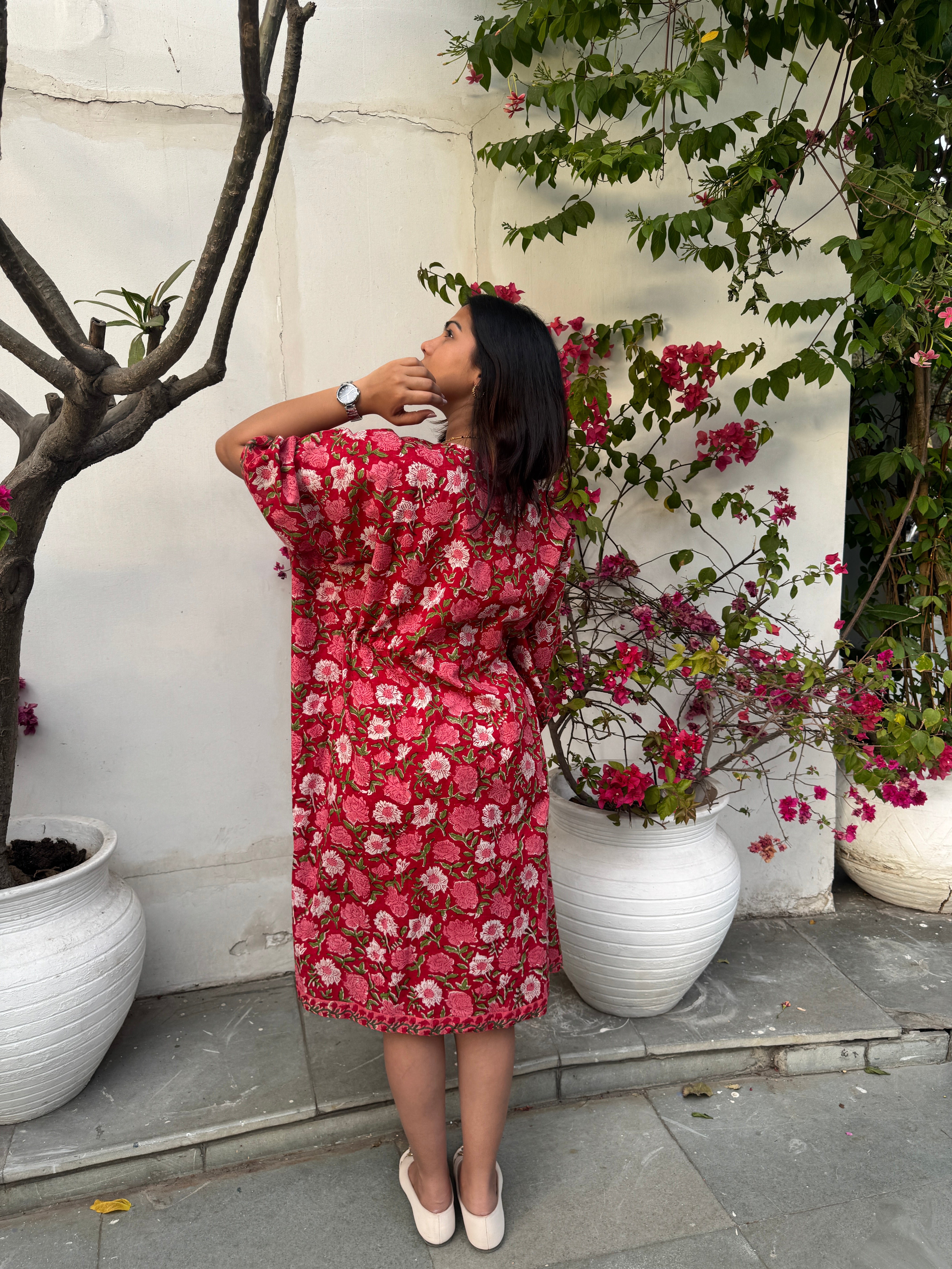 Gulzar Hand Block Print Cotton Midi Kaftan Dress