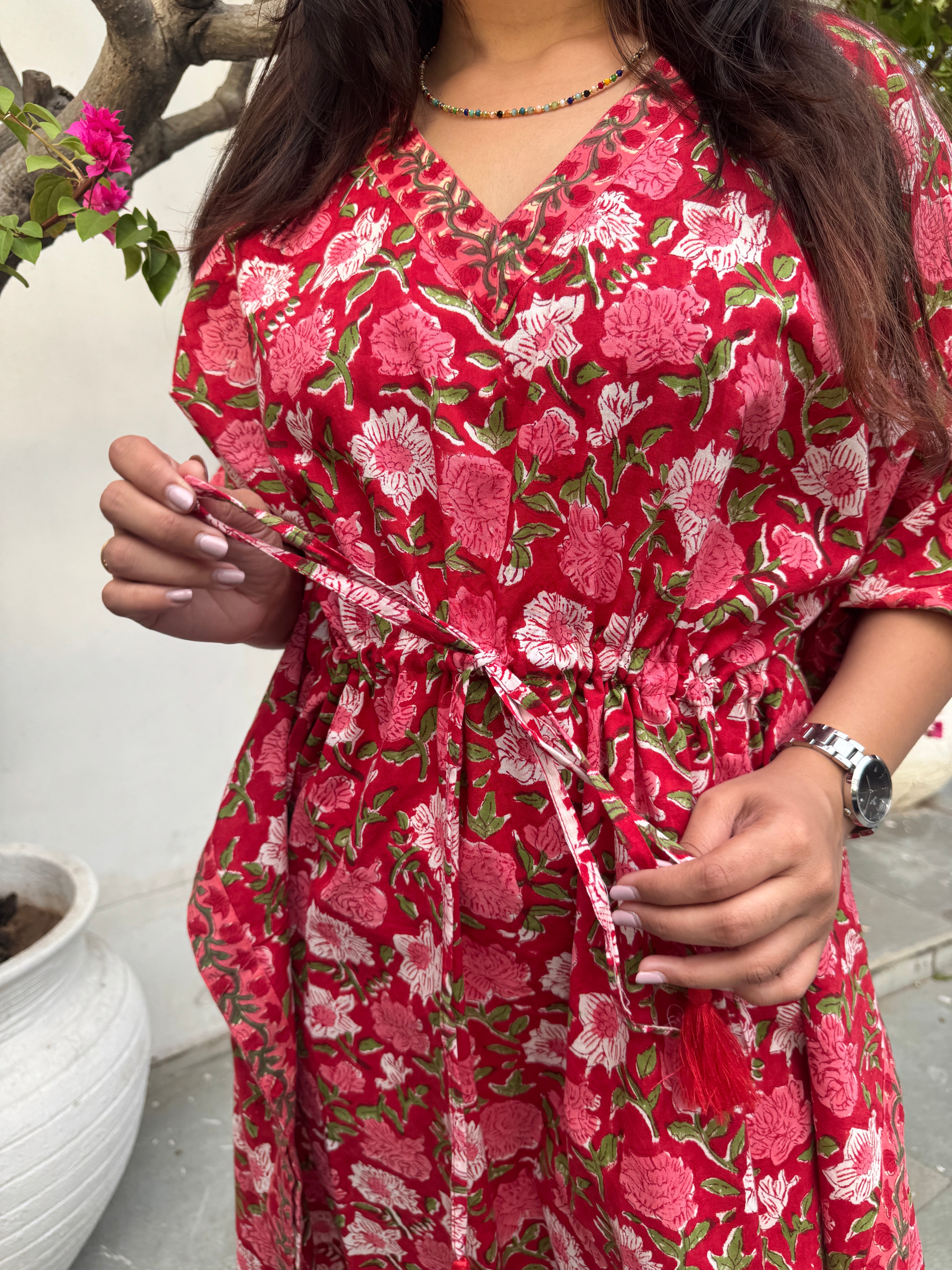 Gulzar Hand Block Print Cotton Midi Kaftan Dress