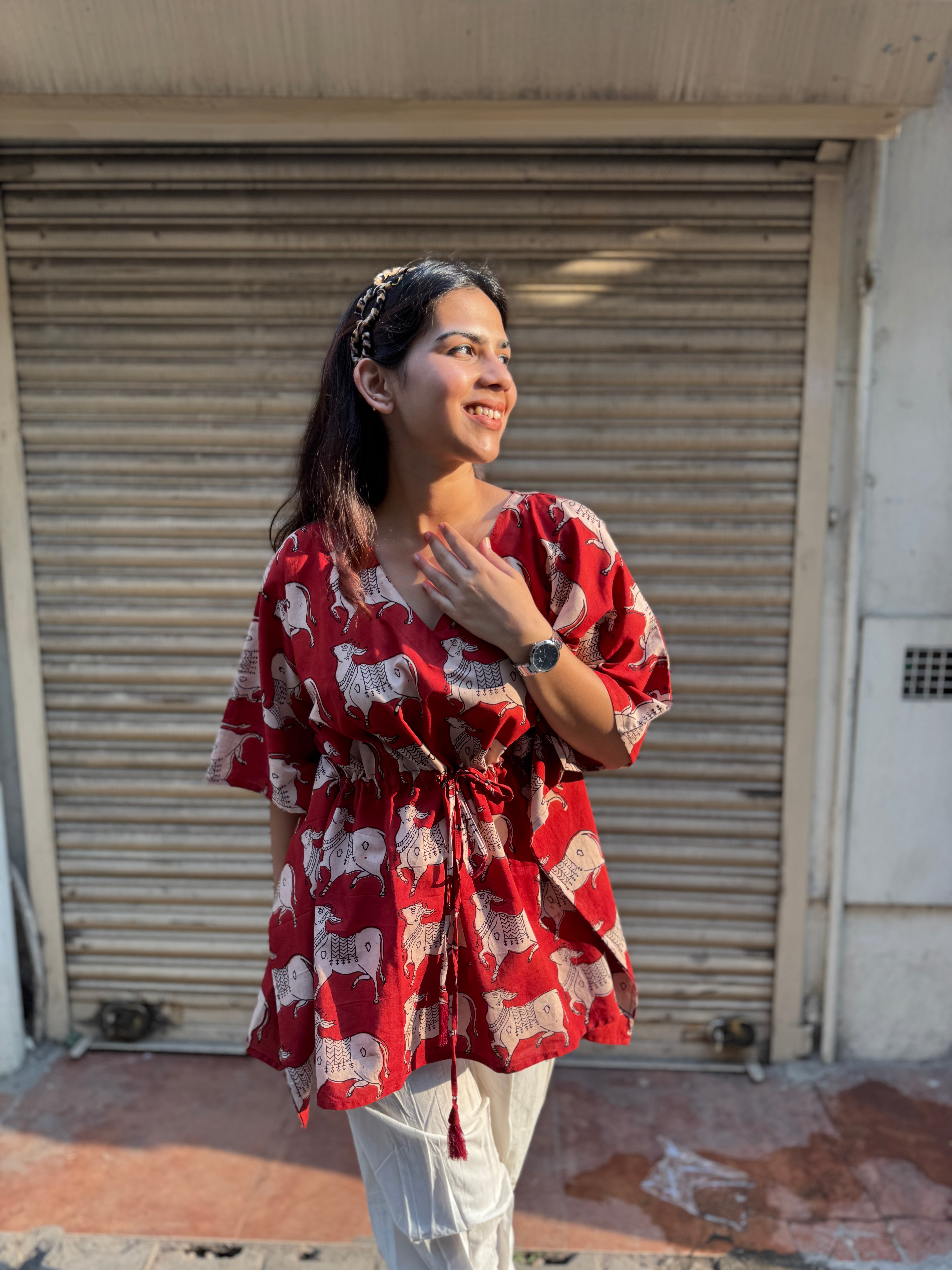 Nandi hand Block Print Cotton Kaftan Top (Red)