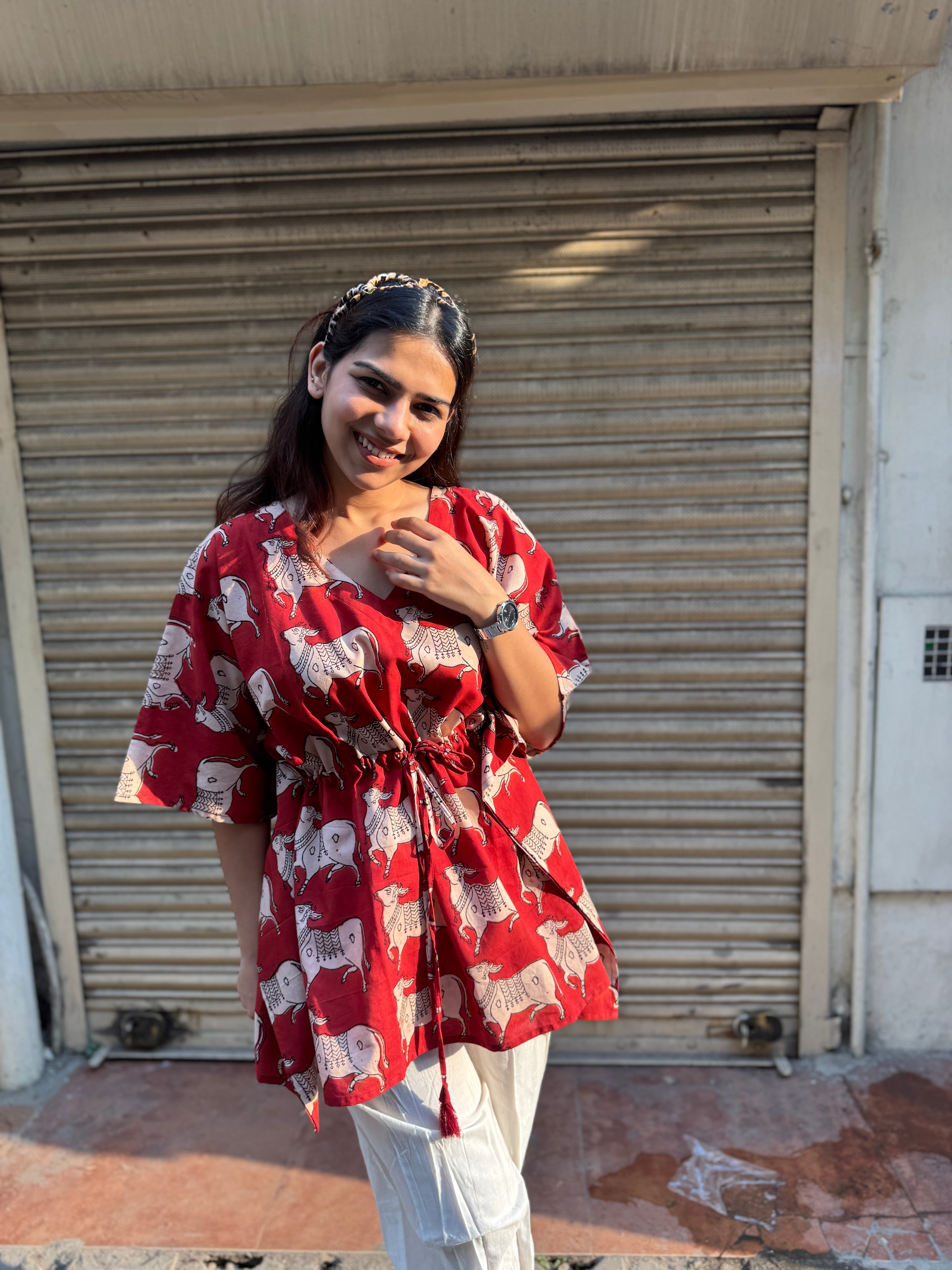 Nandi hand Block Print Cotton Kaftan Top (Red)