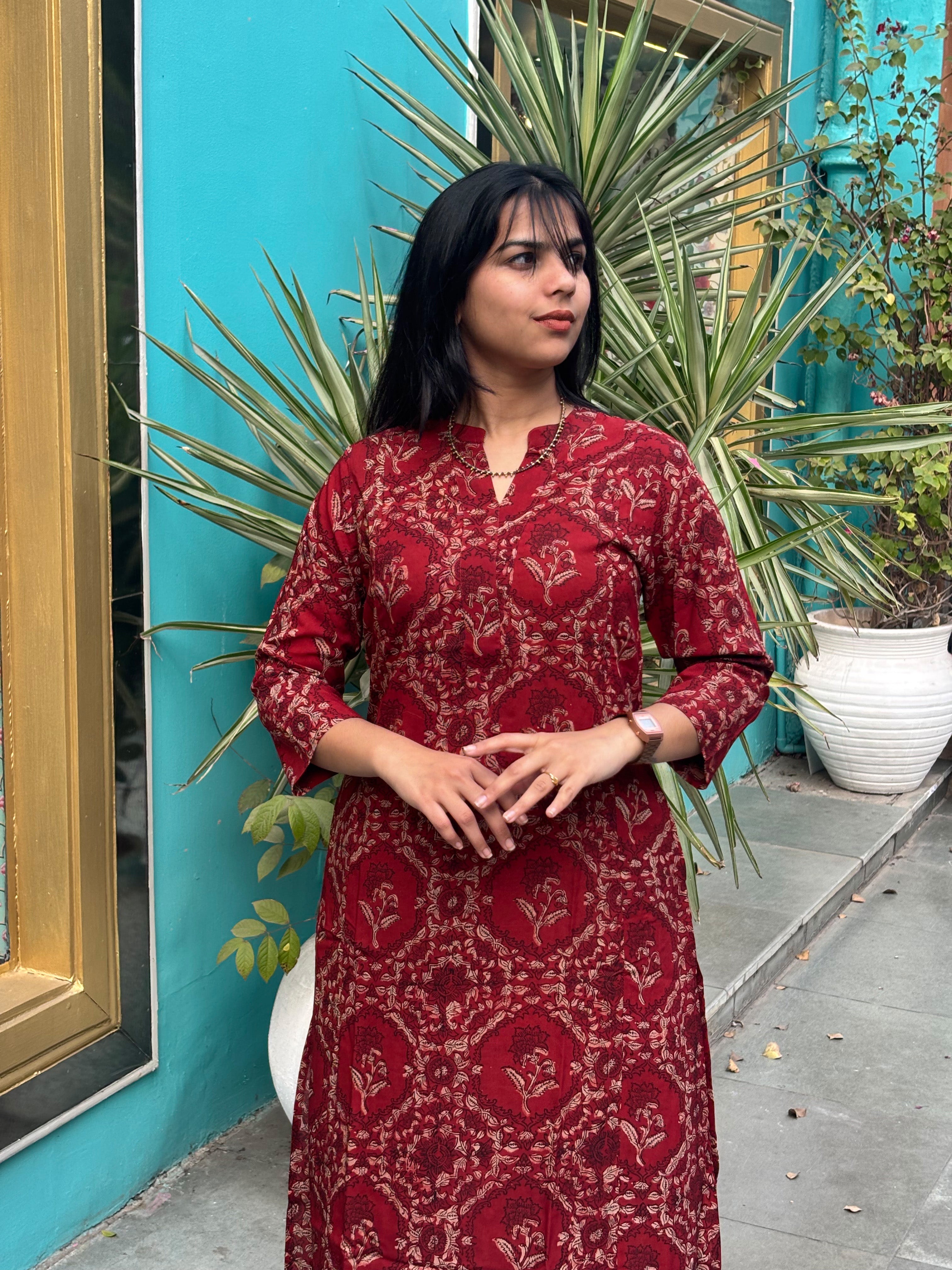 Kalma Kalamkari Hand Block Print Modal Silk Straight Kurta