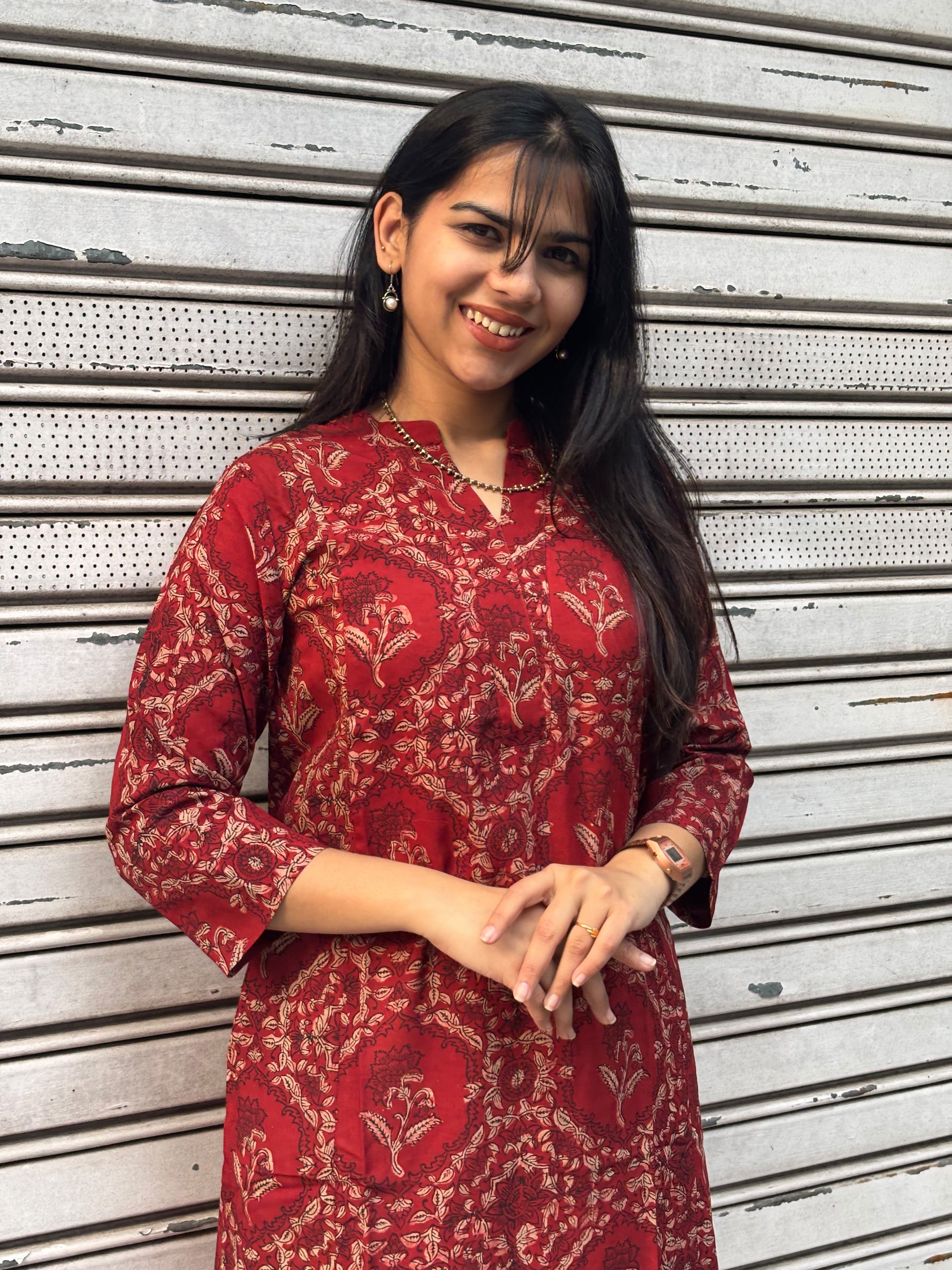 Kalma Kalamkari Hand Block Print Cotton Modal Straight Kurta