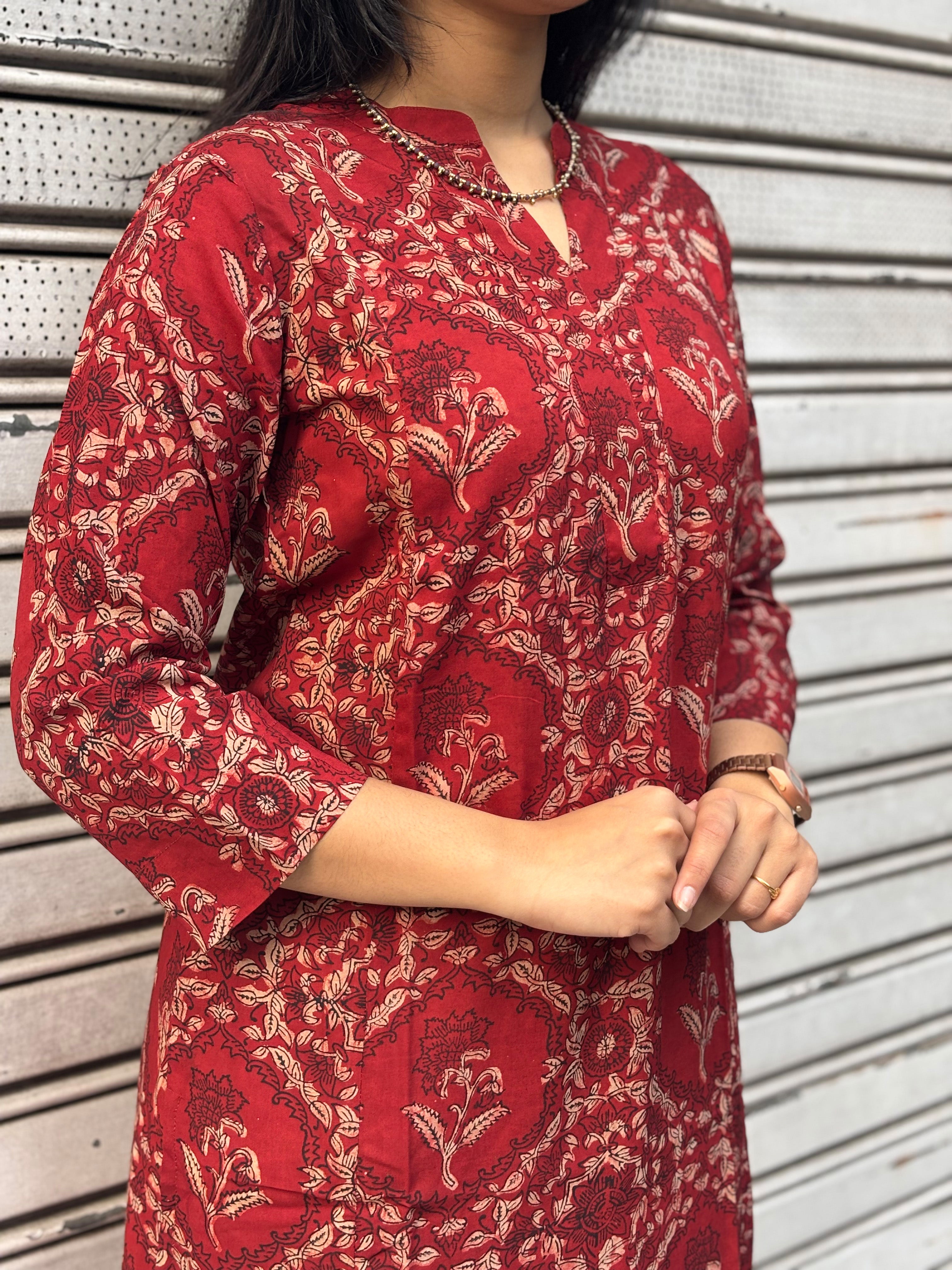 Kalma Kalamkari Hand Block Print Modal Silk Straight Kurta