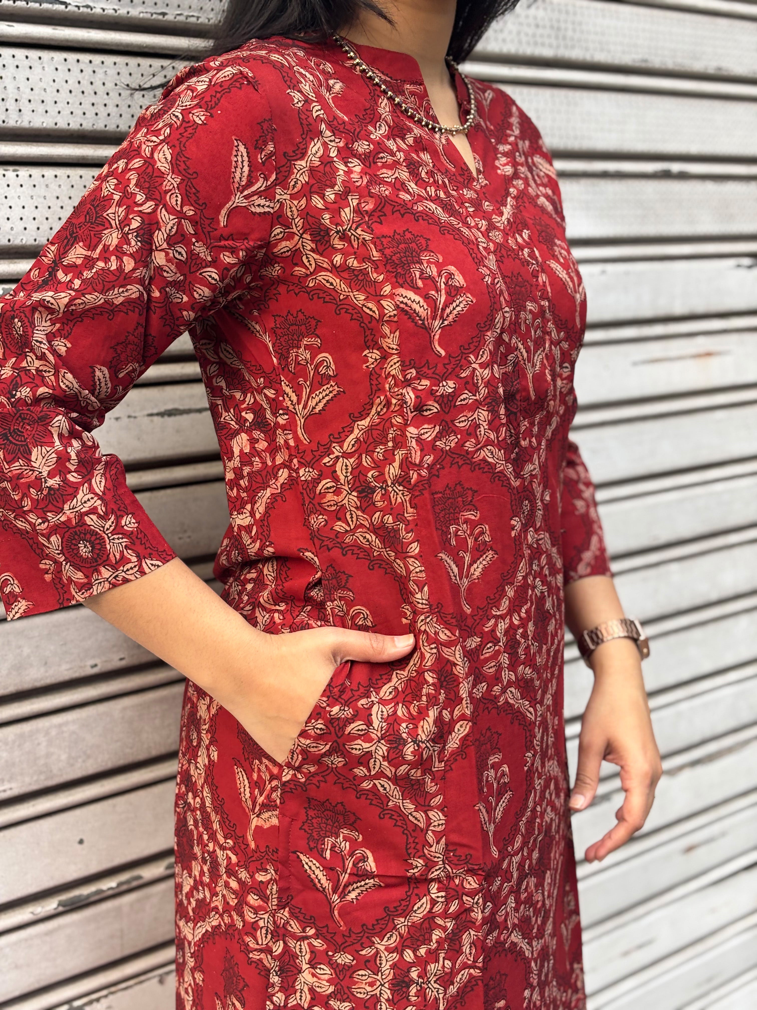 Kalma Kalamkari Hand Block Print Modal Silk Straight Kurta