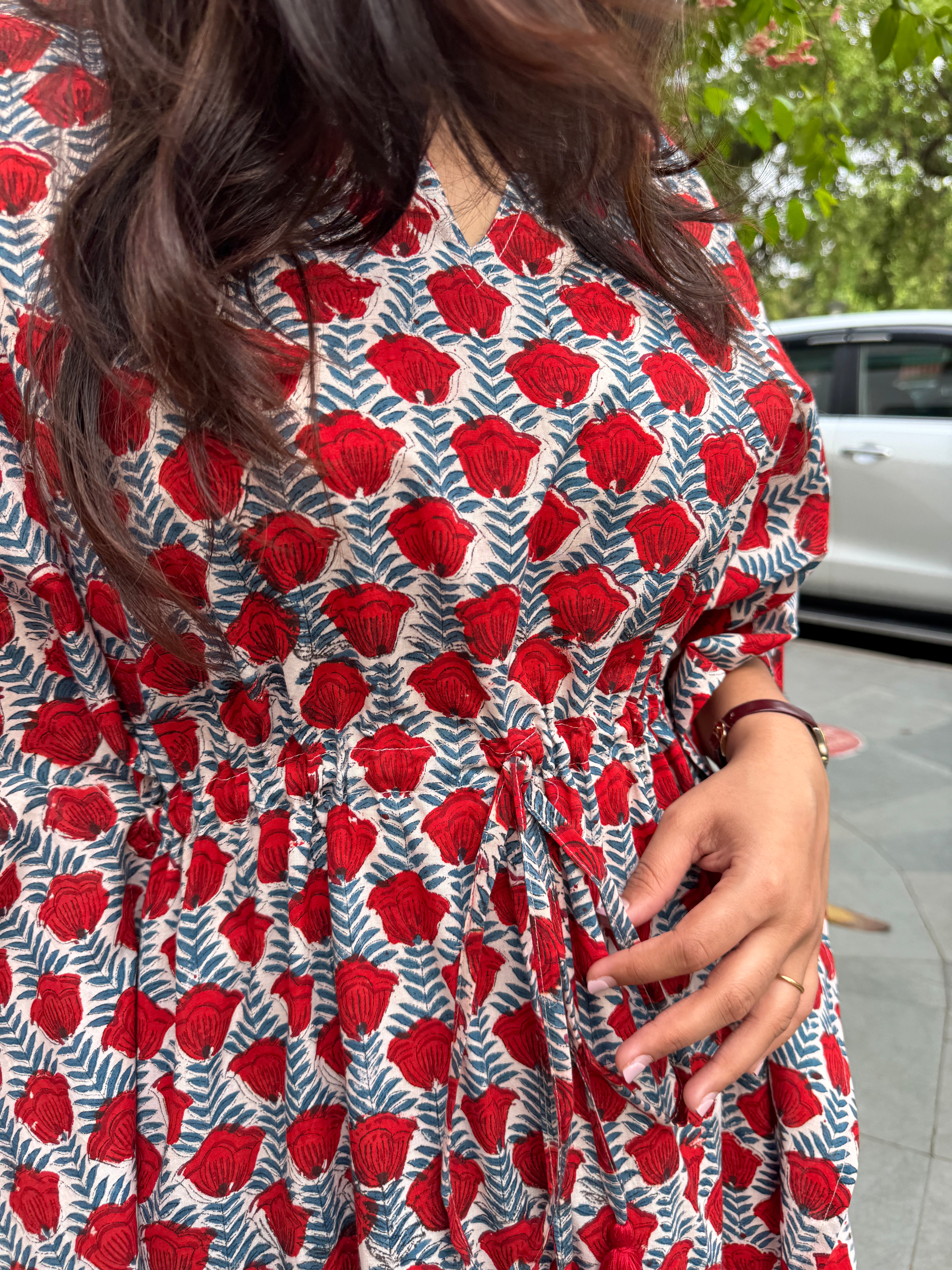 Anka Hand Block Print Cotton Long Kaftan Dress