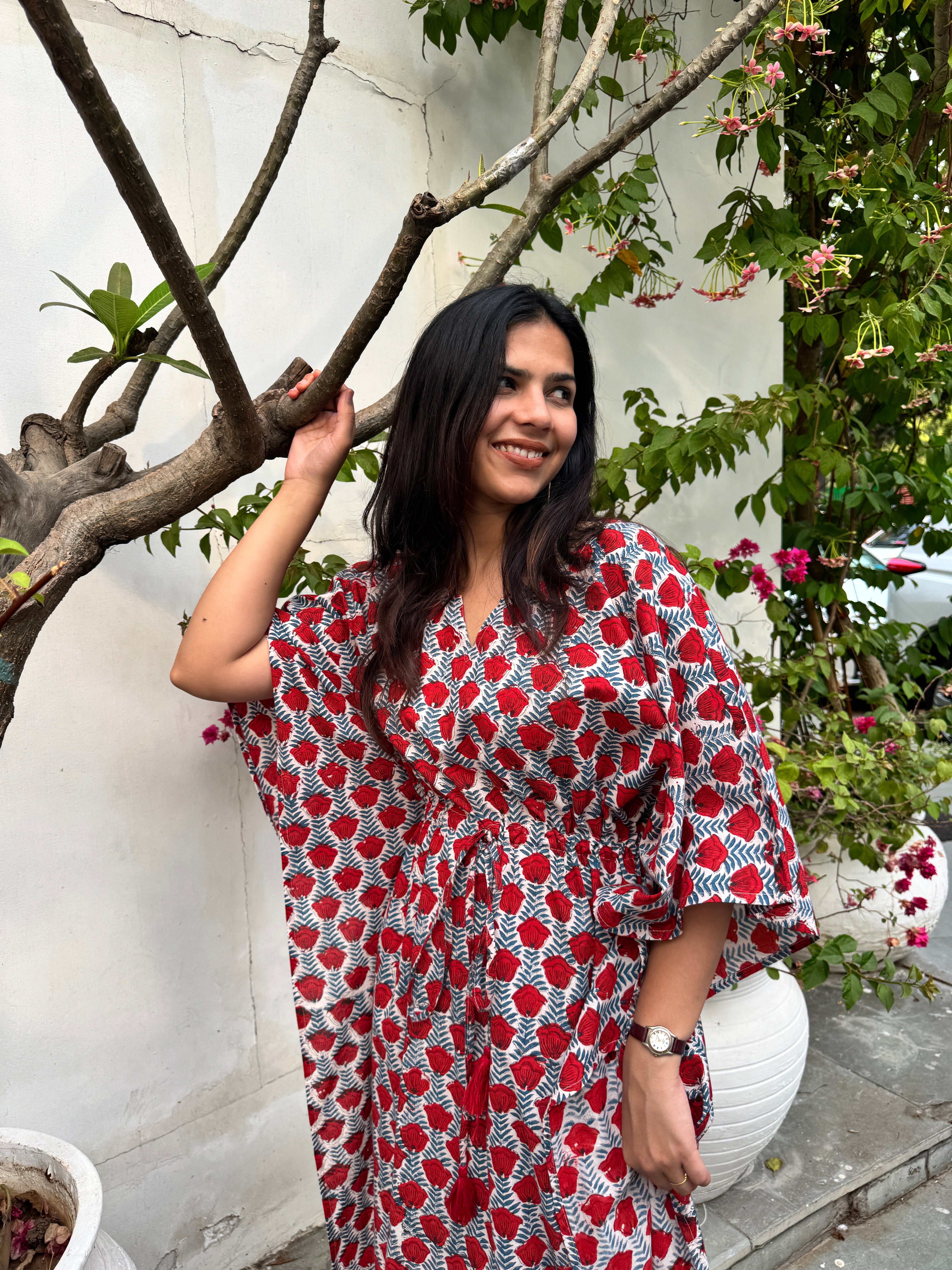 Anka Hand Block Print Cotton Long Kaftan Dress