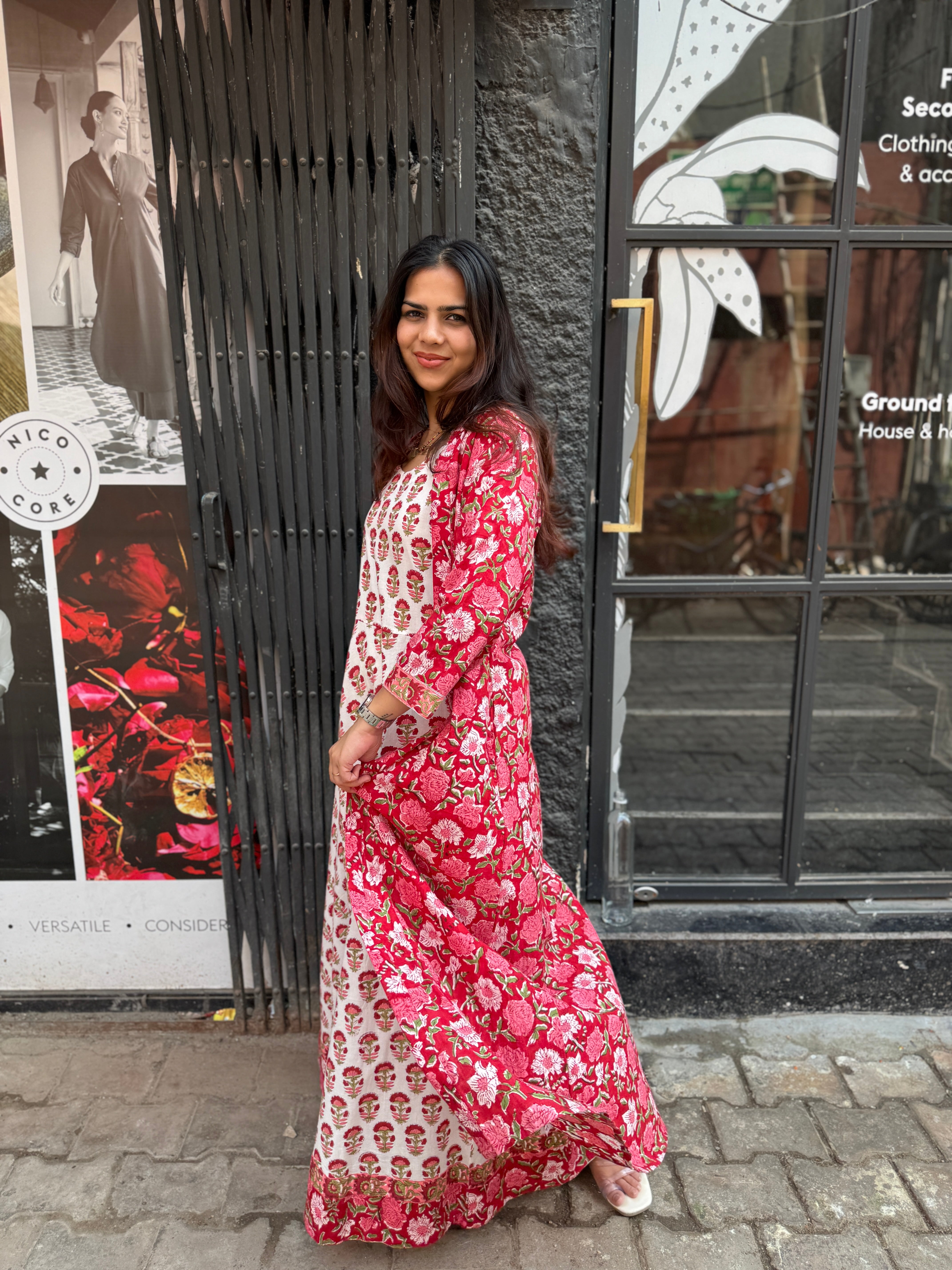 Gulzar Hand Block Print Cotton Long Double Layer Dress