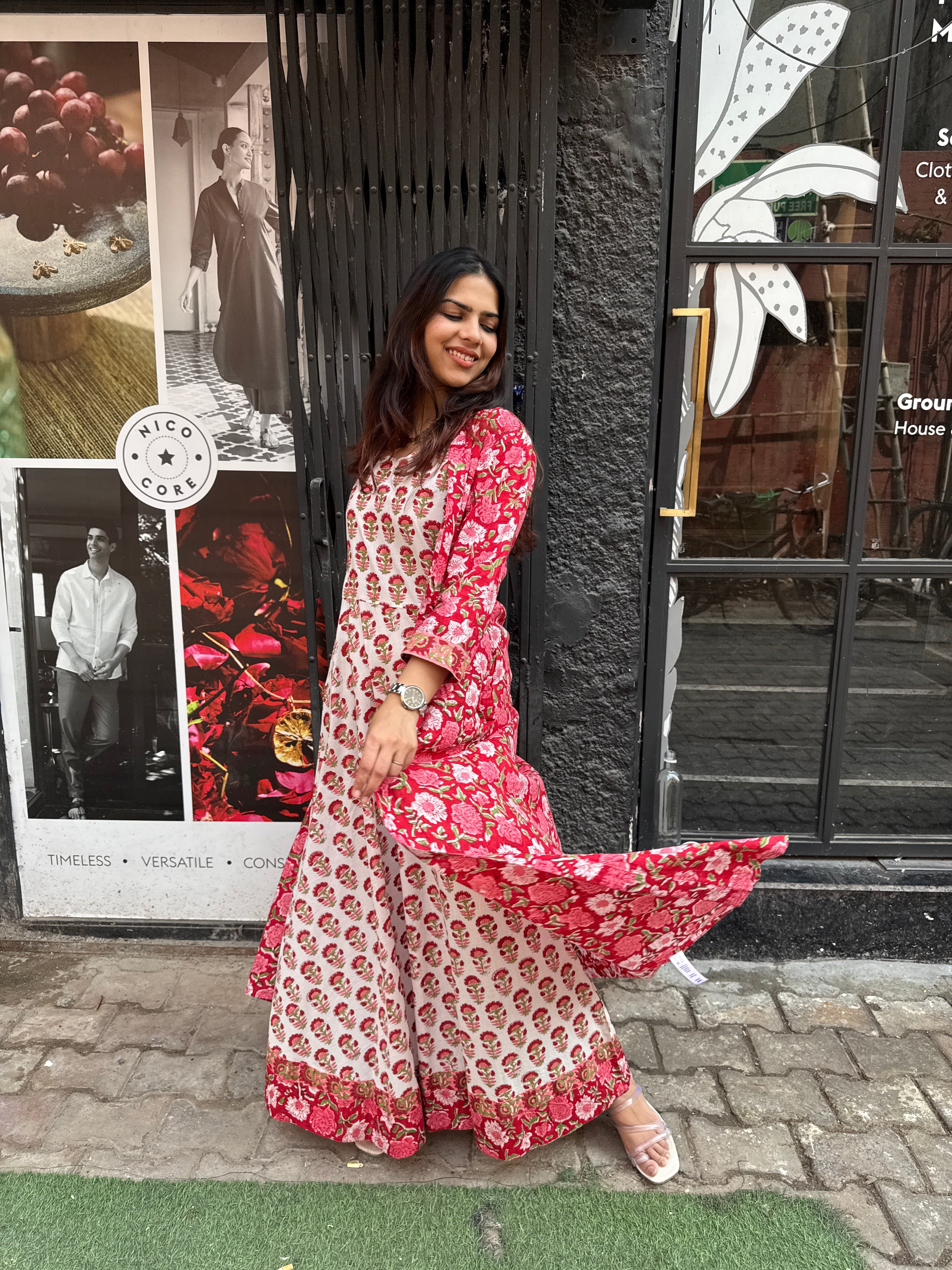 Gulzar Hand Block Print Cotton Long Double Layer Dress