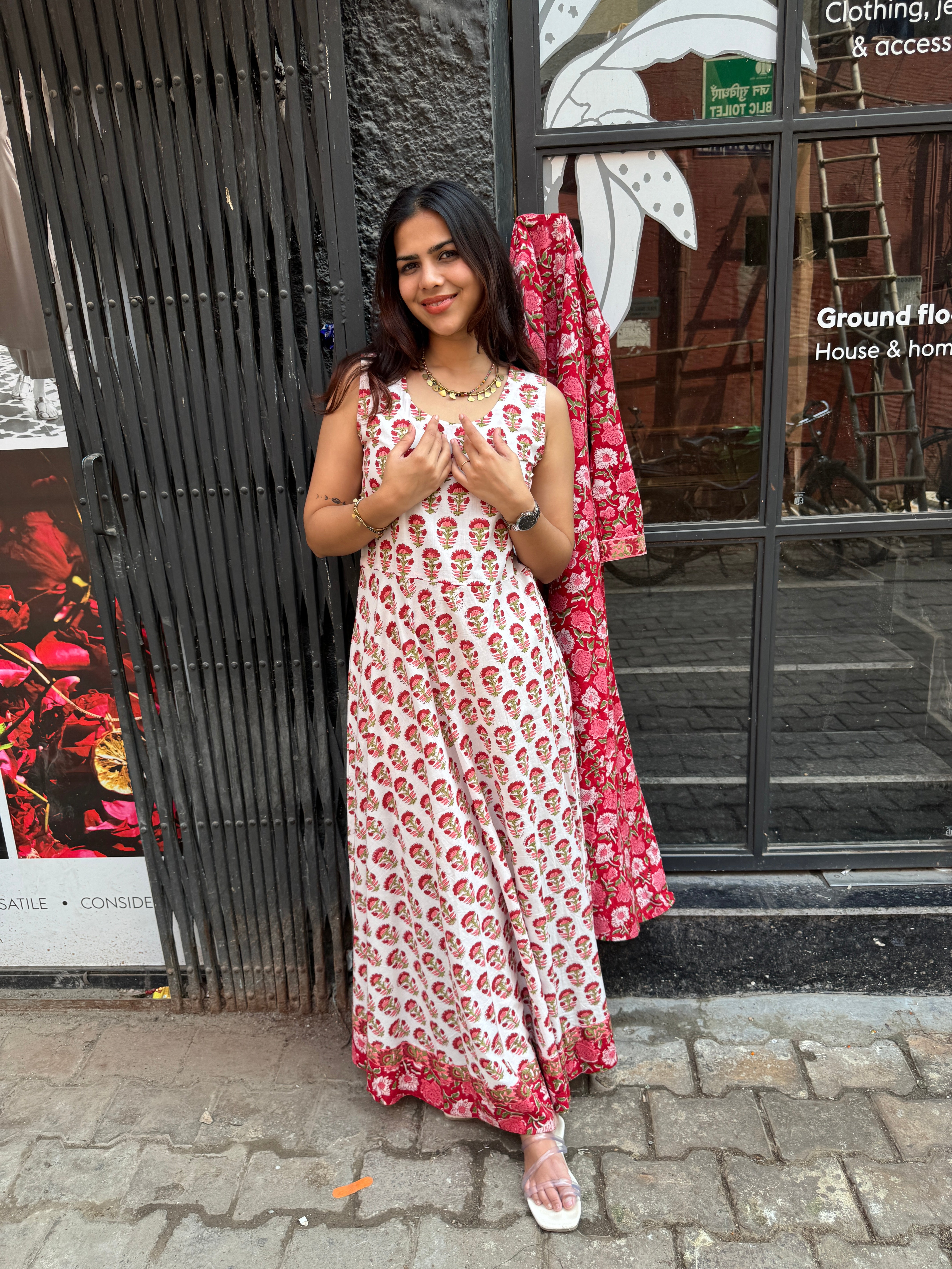 Gulzar Hand Block Print Cotton Long Double Layer Dress