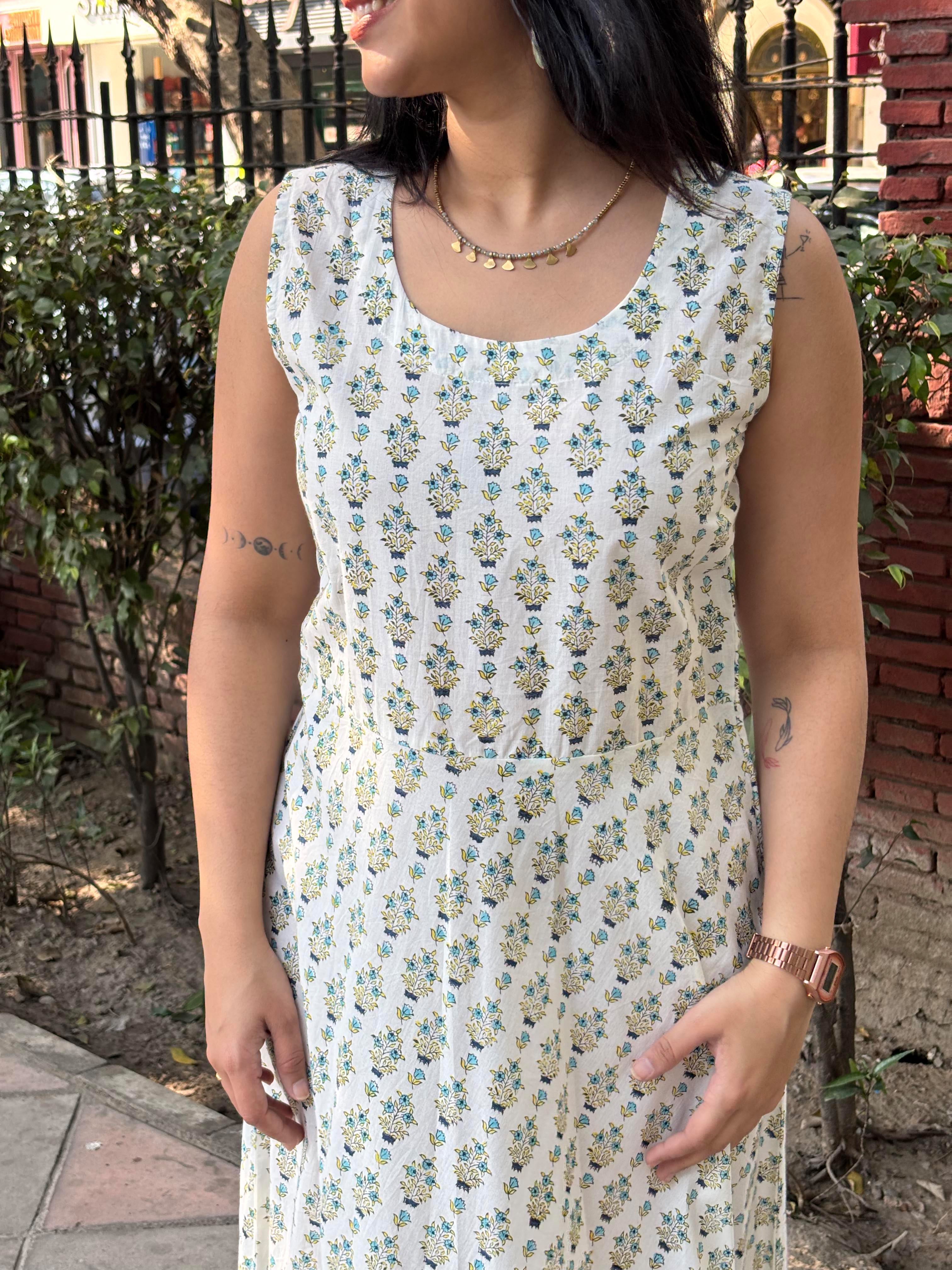 Tahira Hand Block Print Cotton Long Double Layer Dress