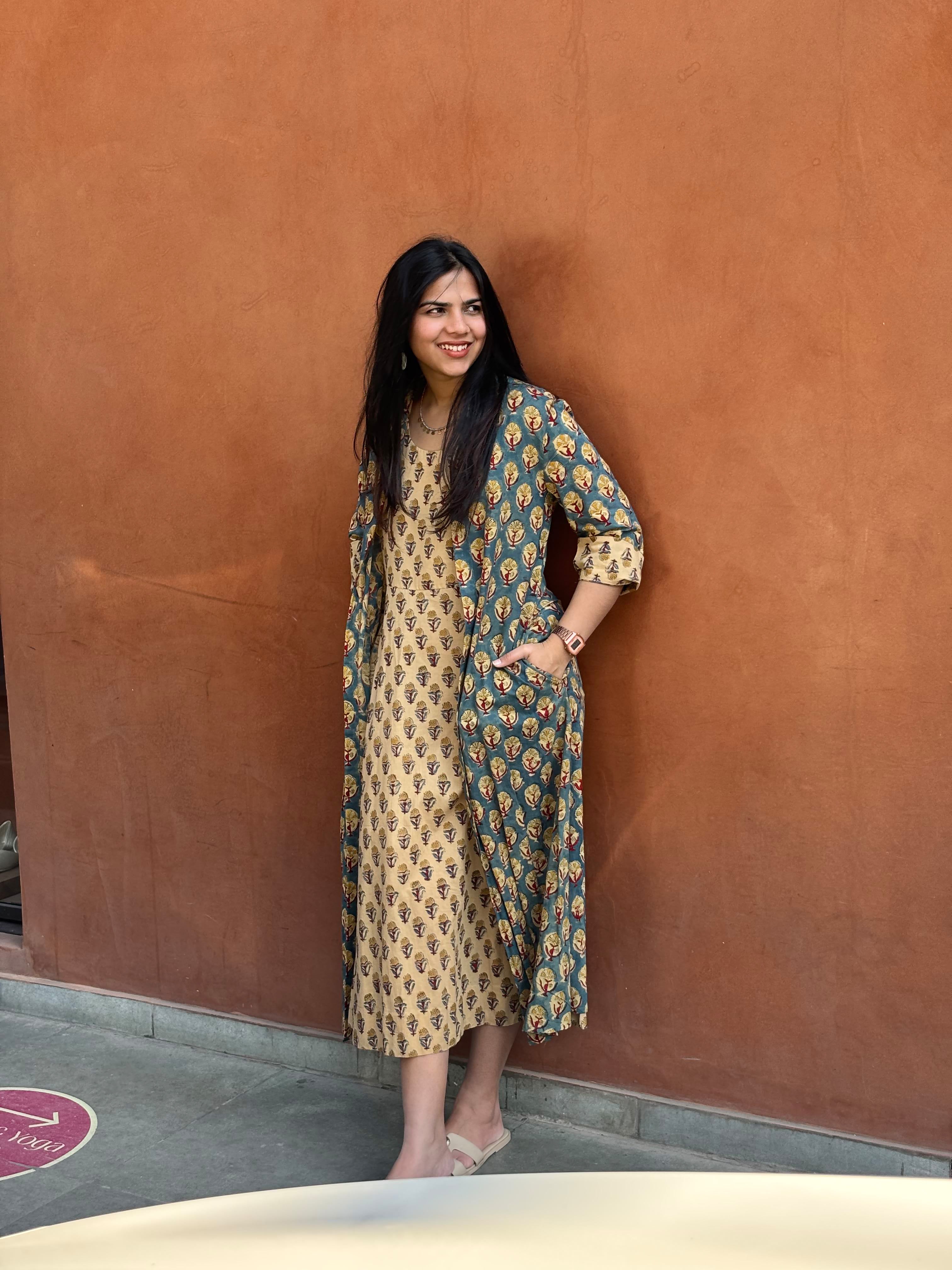 Mishti Bagru Hand Block Print Cotton Short Double Layer Dress
